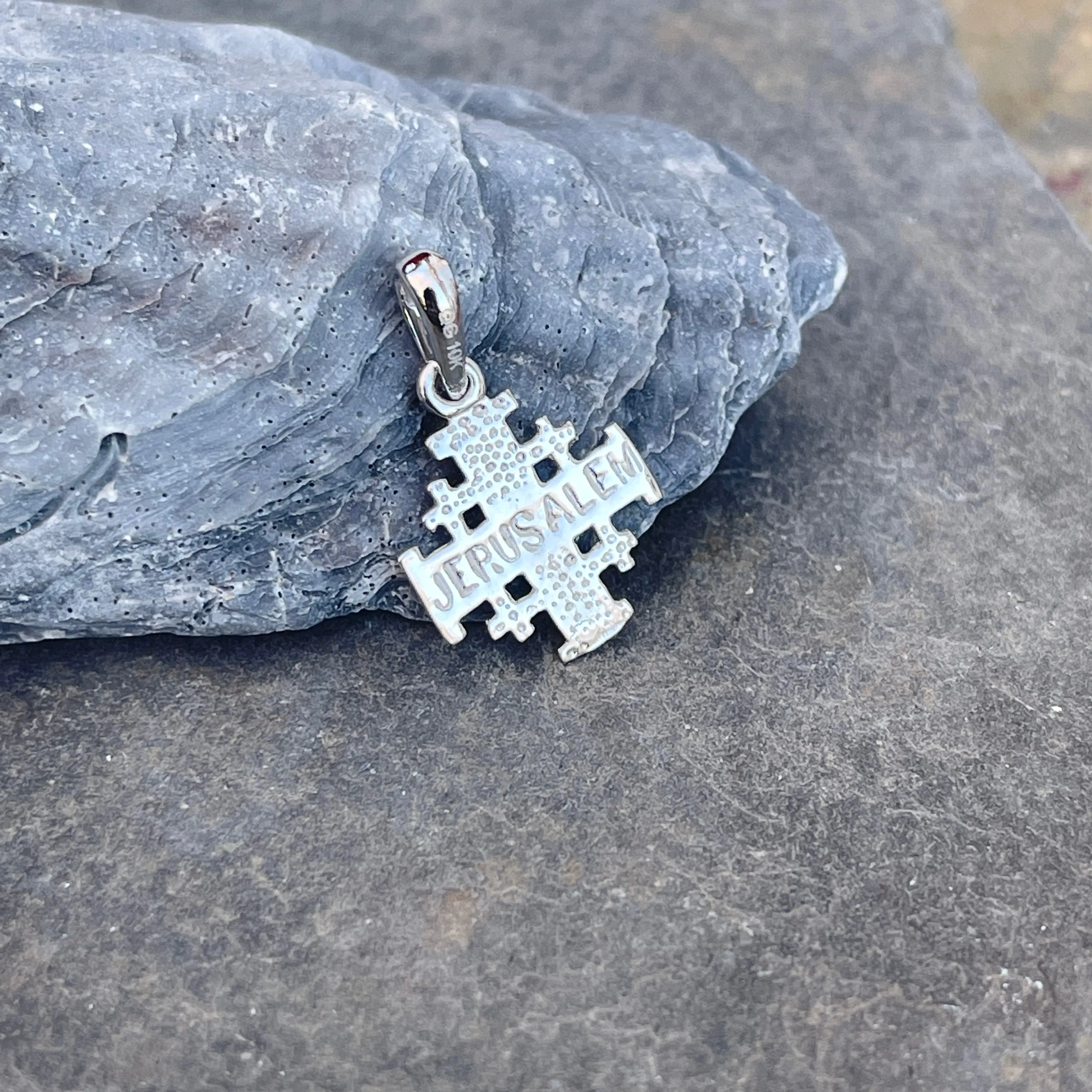 10KT White Gold Antiqued Jerusalem Crusader Cross Pendant 15mm