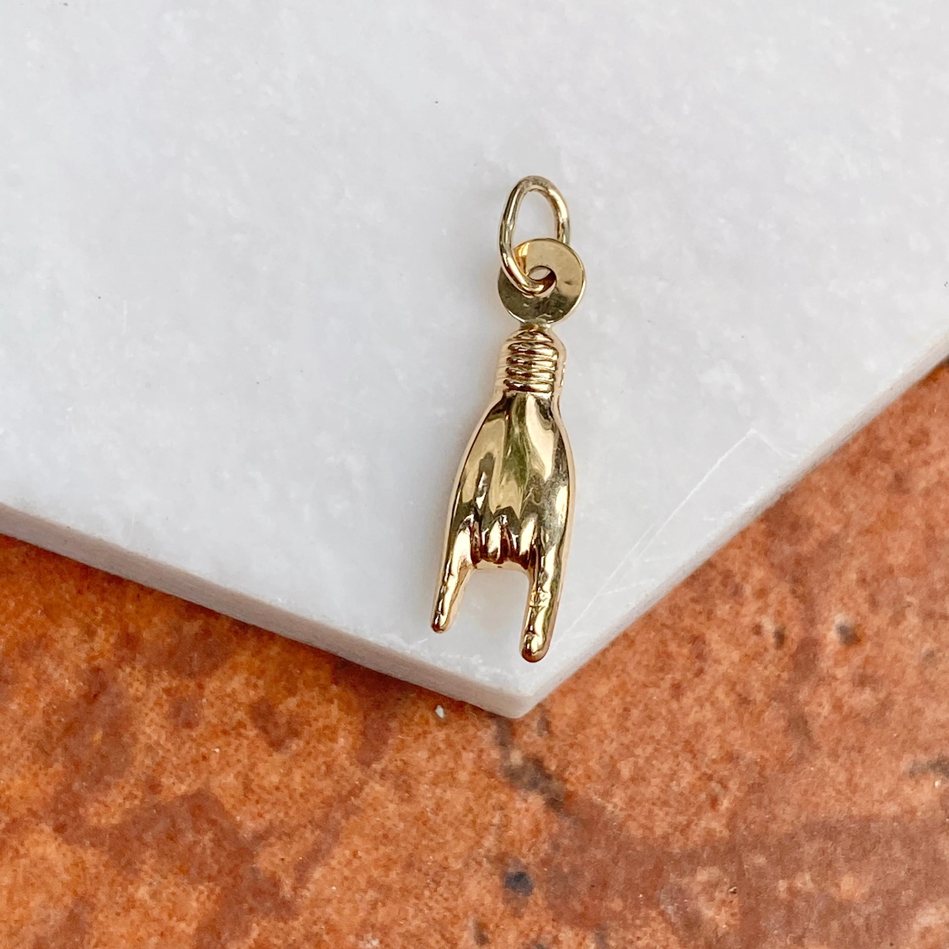 10KT Yellow Gold 3D Italian Mano Cornuto Pendant Charm 22mm