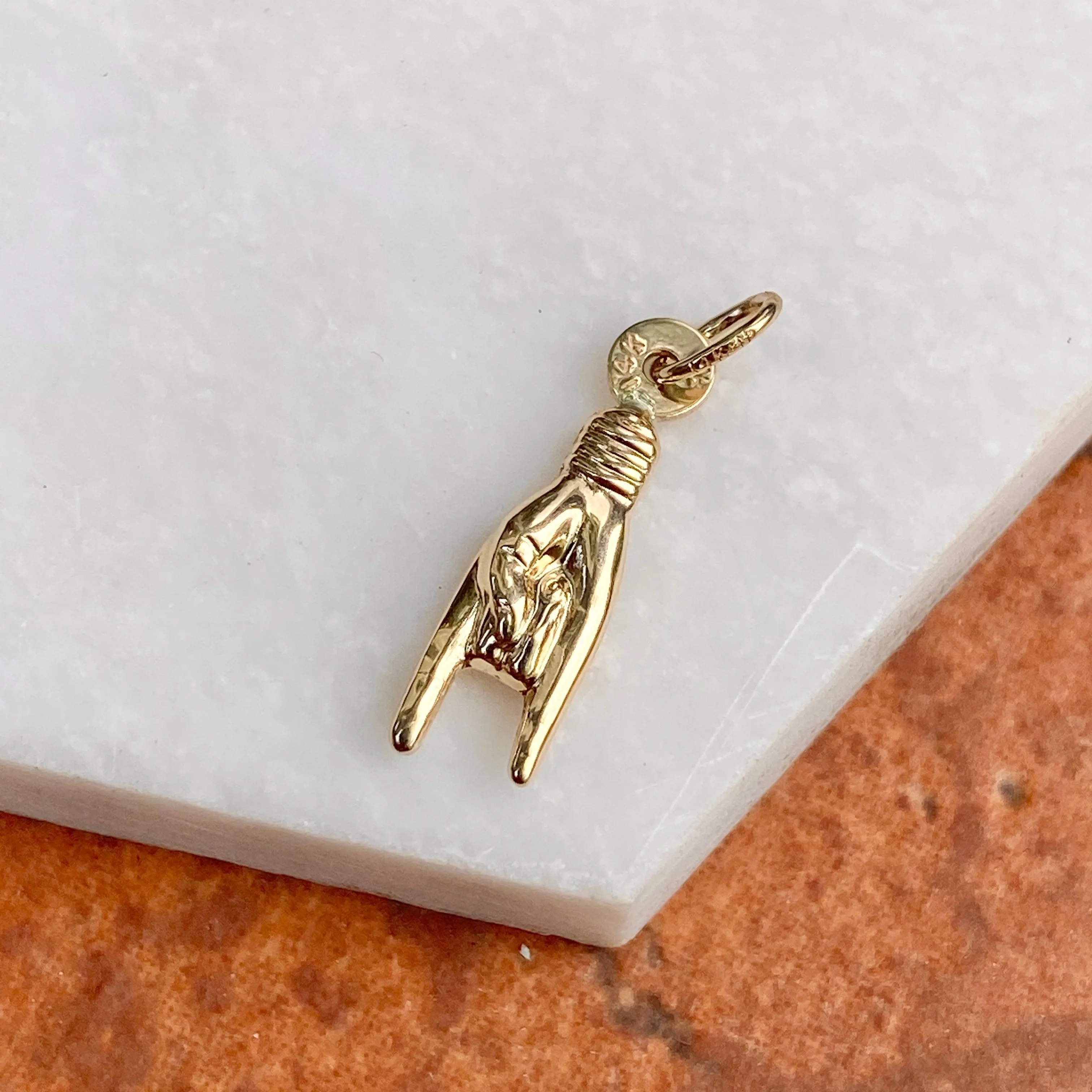10KT Yellow Gold 3D Italian Mano Cornuto Pendant Charm 22mm