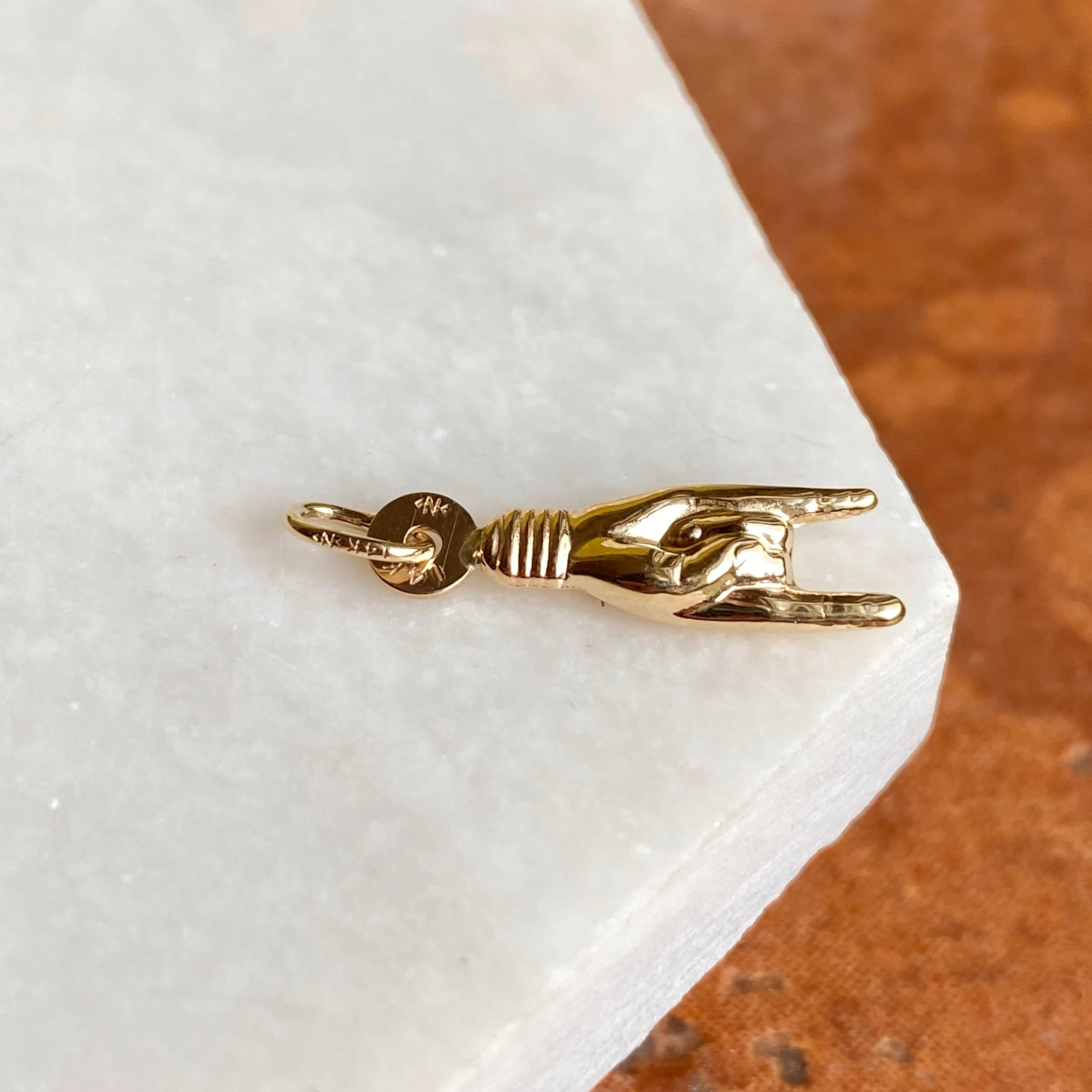 10KT Yellow Gold 3D Italian Mano Cornuto Pendant Charm 22mm