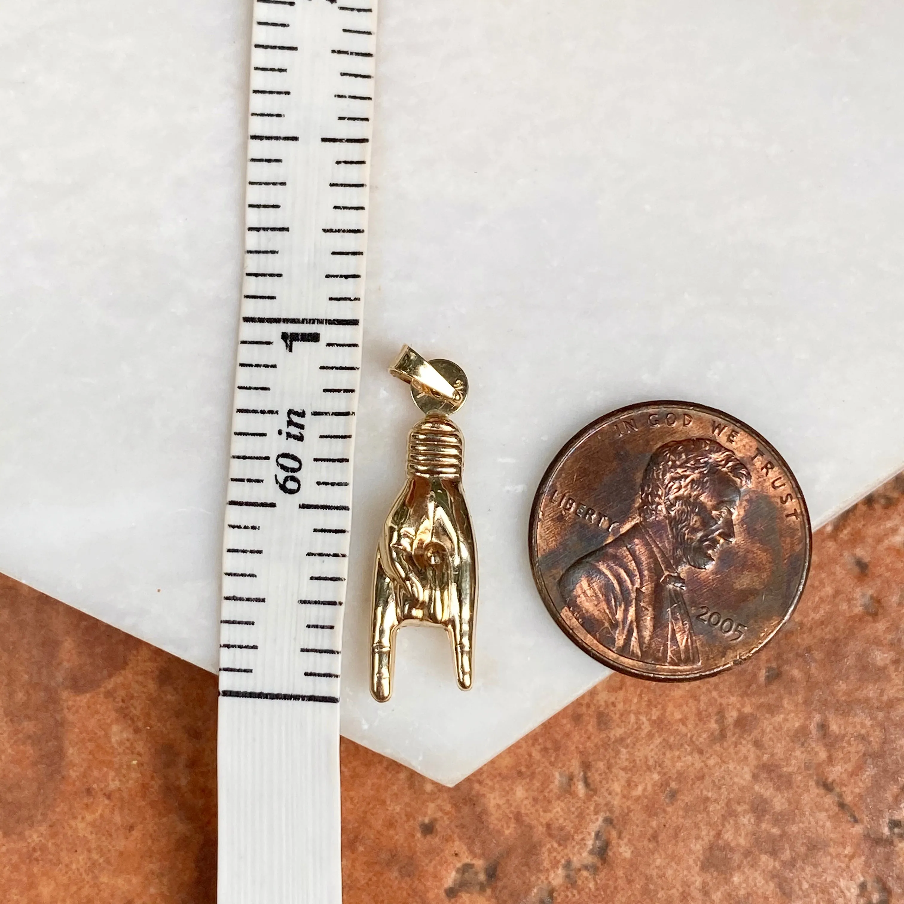 10KT Yellow Gold 3D Italian Mano Cornuto Pendant Charm 25mm