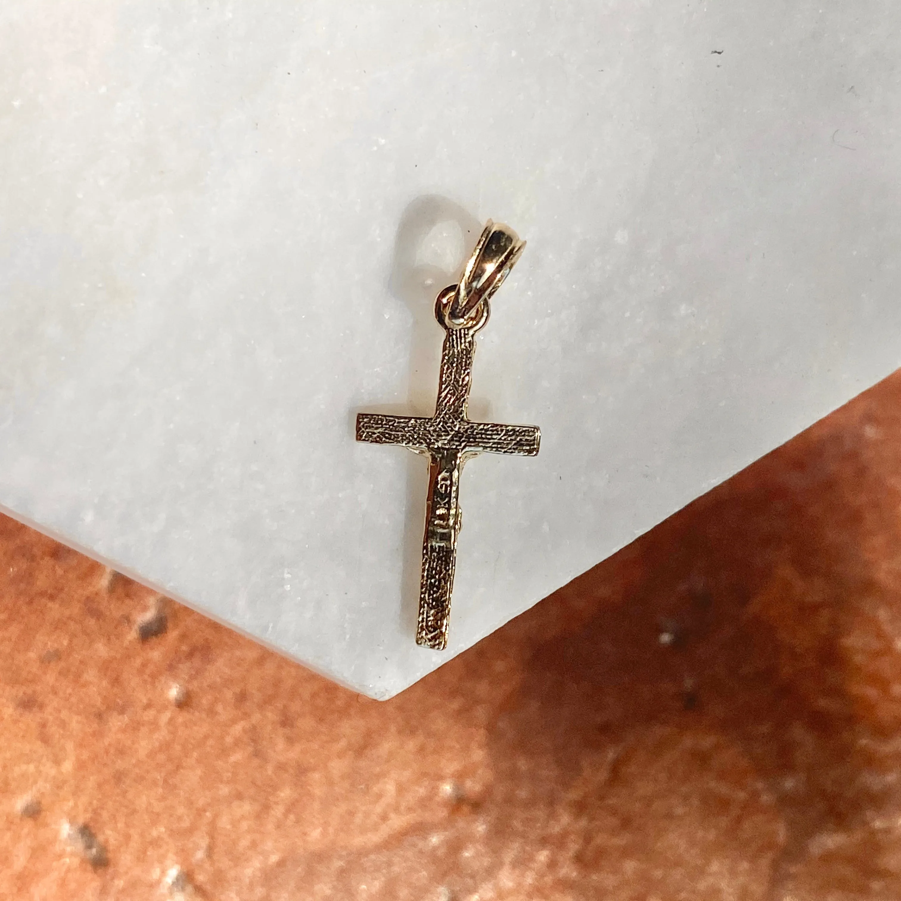 10KT Yellow Gold Mini 2D Textured Crucifix Cross Pendant Charm
