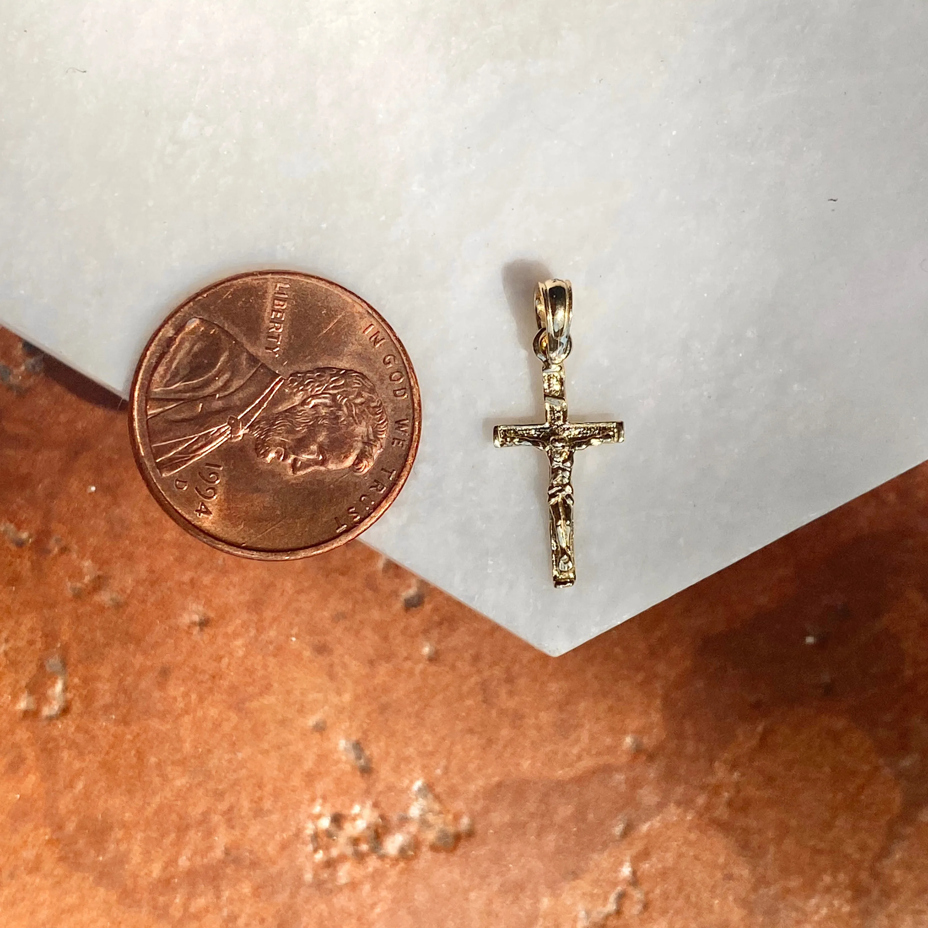10KT Yellow Gold Mini 2D Textured Crucifix Cross Pendant Charm