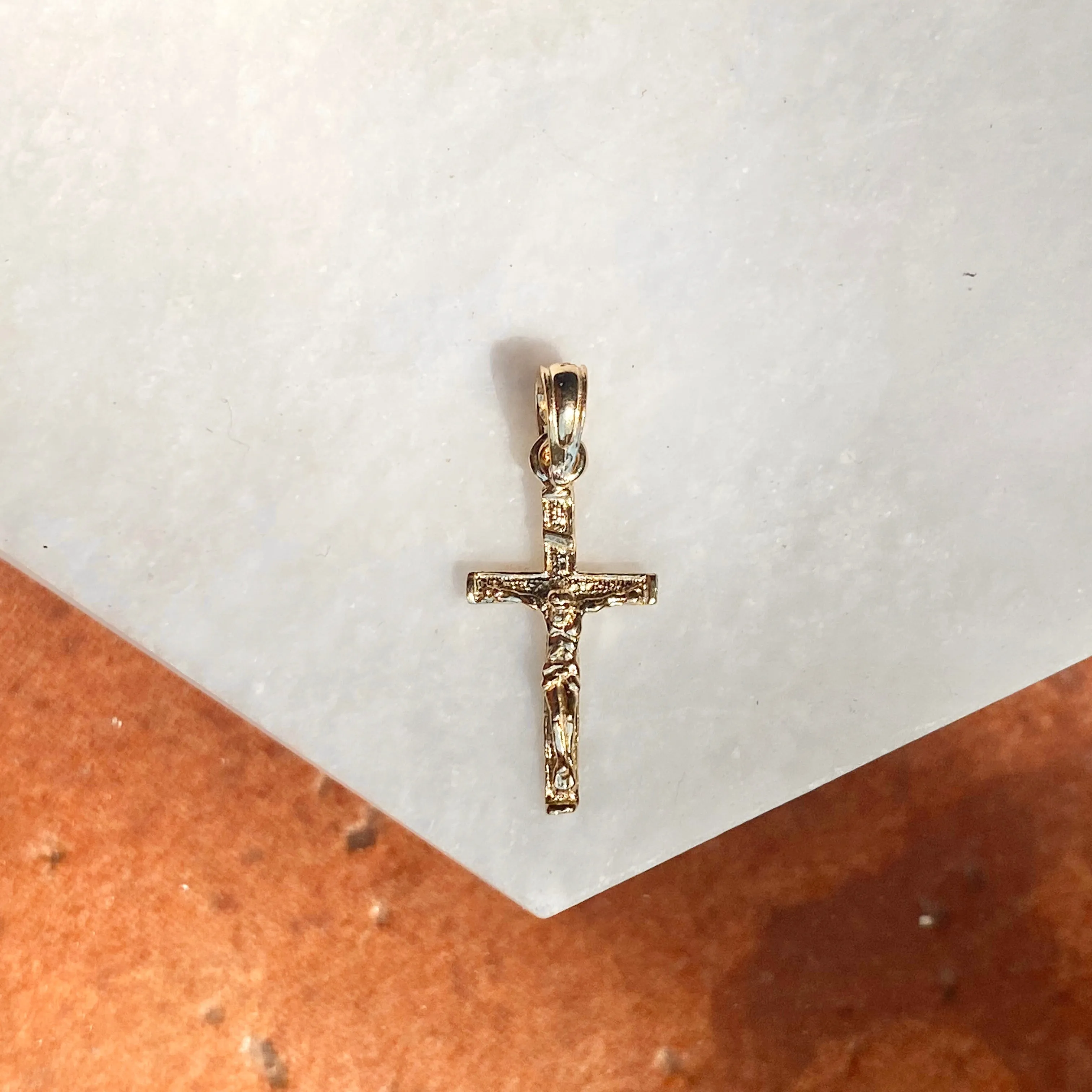 10KT Yellow Gold Mini 2D Textured Crucifix Cross Pendant Charm
