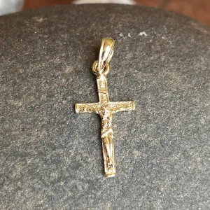 10KT Yellow Gold Mini 2D Textured Crucifix Cross Pendant Charm