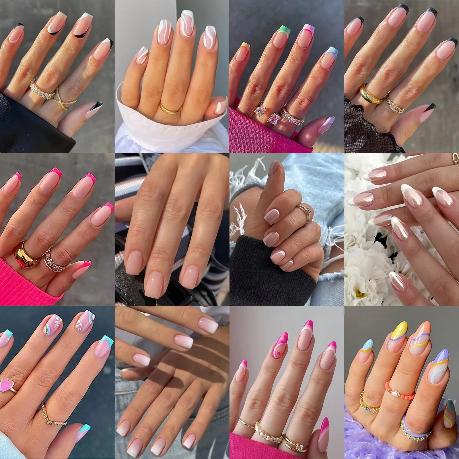 12Packs French Tip Press on Nails- OPkssnails Press on Nails Medium Almond And Square,Reusable Glue On Nails, Gel Fake Nails for Women, Stick On Nails Kit 12 Sizes-12styles