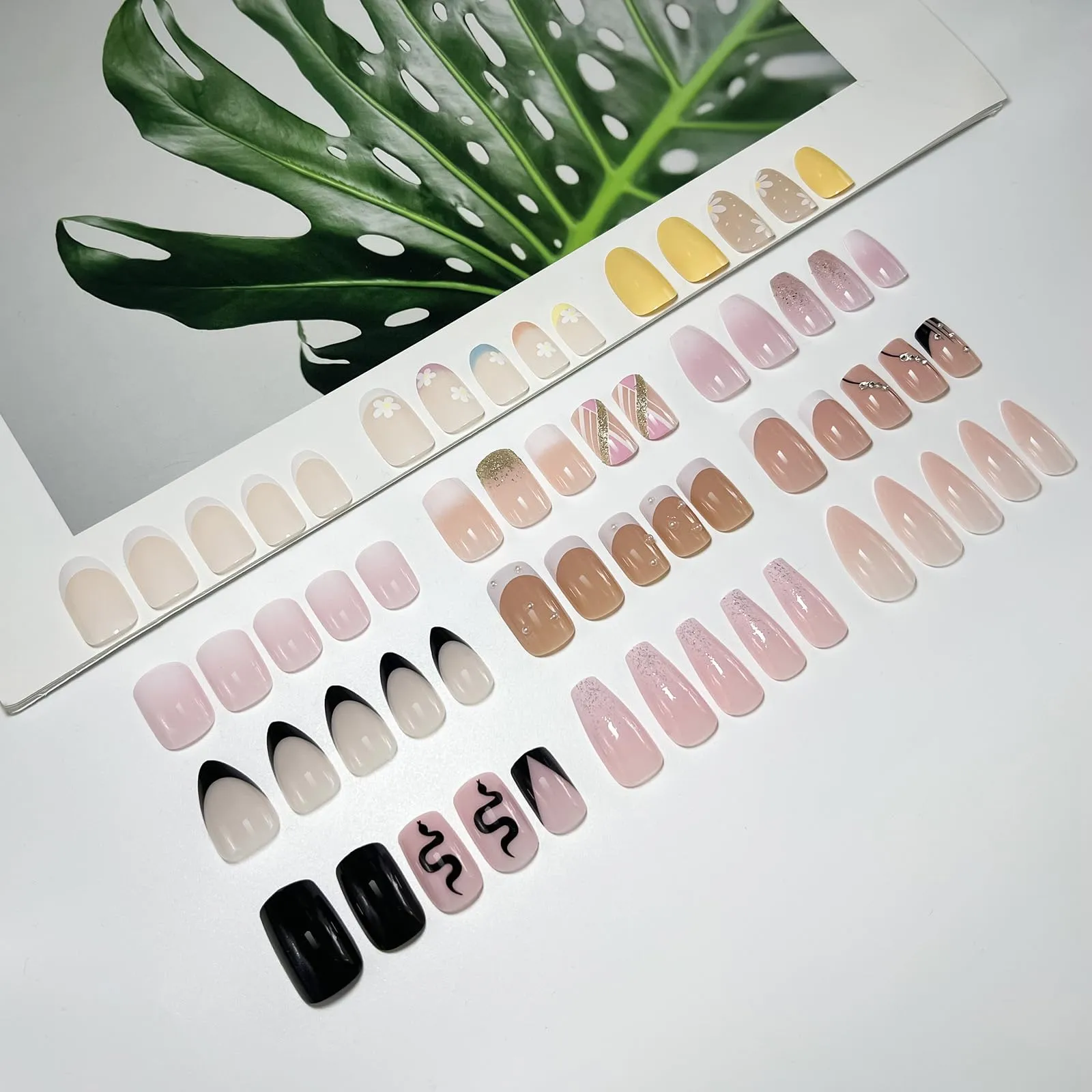 12Packs French Tip Press on Nails- OPkssnails Press on Nails Medium Almond And Square,Reusable Glue On Nails, Gel Fake Nails for Women, Stick On Nails Kit 12 Sizes-12styles