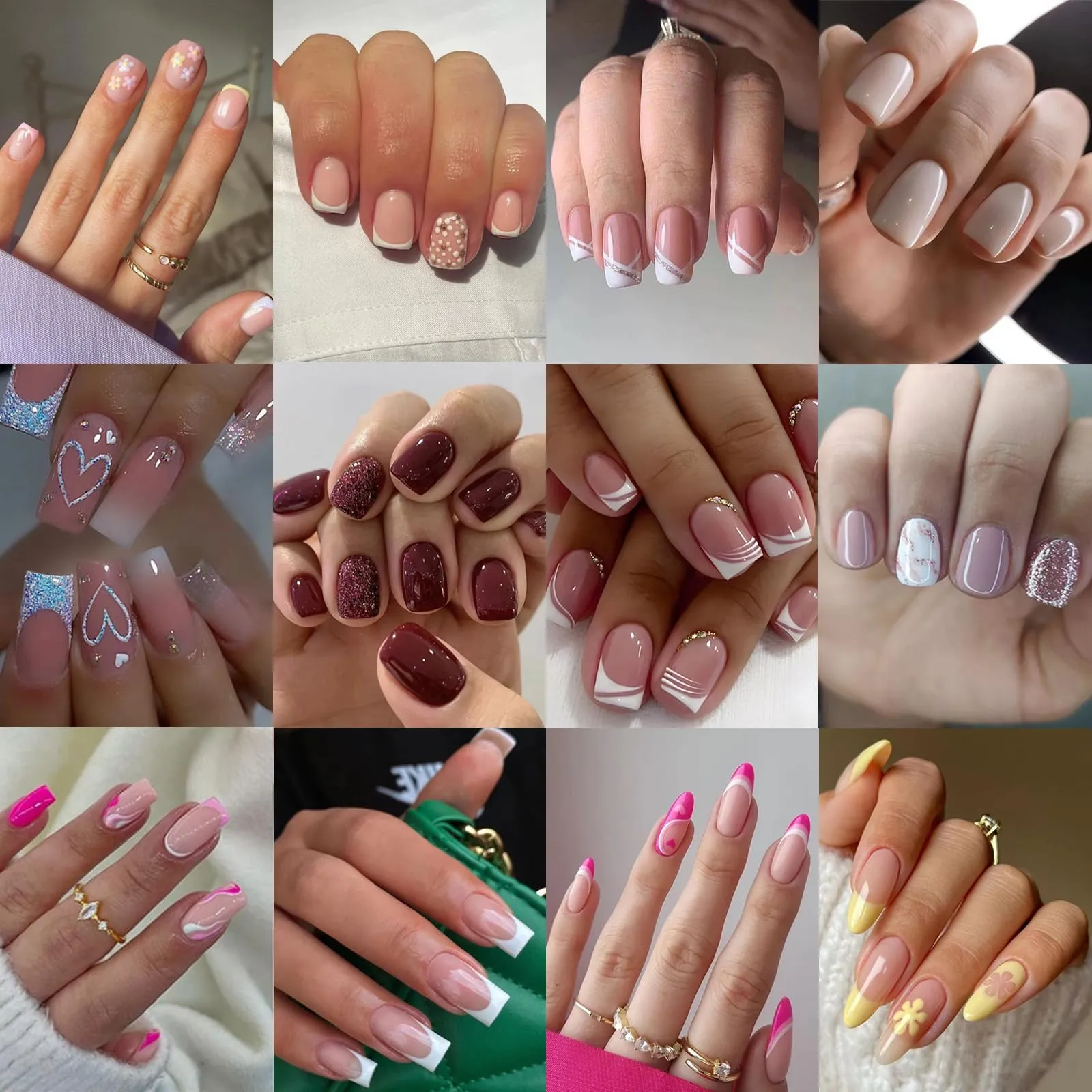 12Packs French Tip Press on Nails- OPkssnails Press on Nails Medium Almond And Square,Reusable Glue On Nails, Gel Fake Nails for Women, Stick On Nails Kit 12 Sizes-12styles