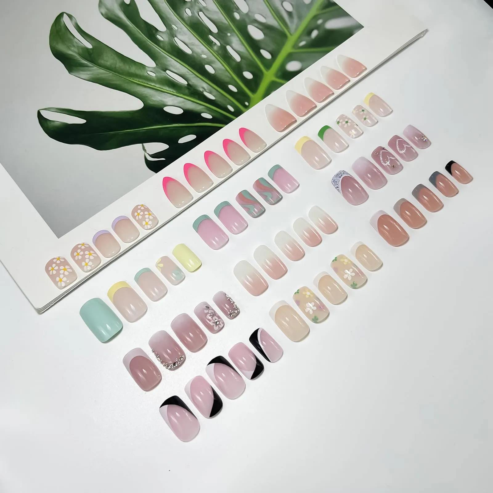 12Packs French Tip Press on Nails- OPkssnails Press on Nails Medium Almond And Square,Reusable Glue On Nails, Gel Fake Nails for Women, Stick On Nails Kit 12 Sizes-12styles