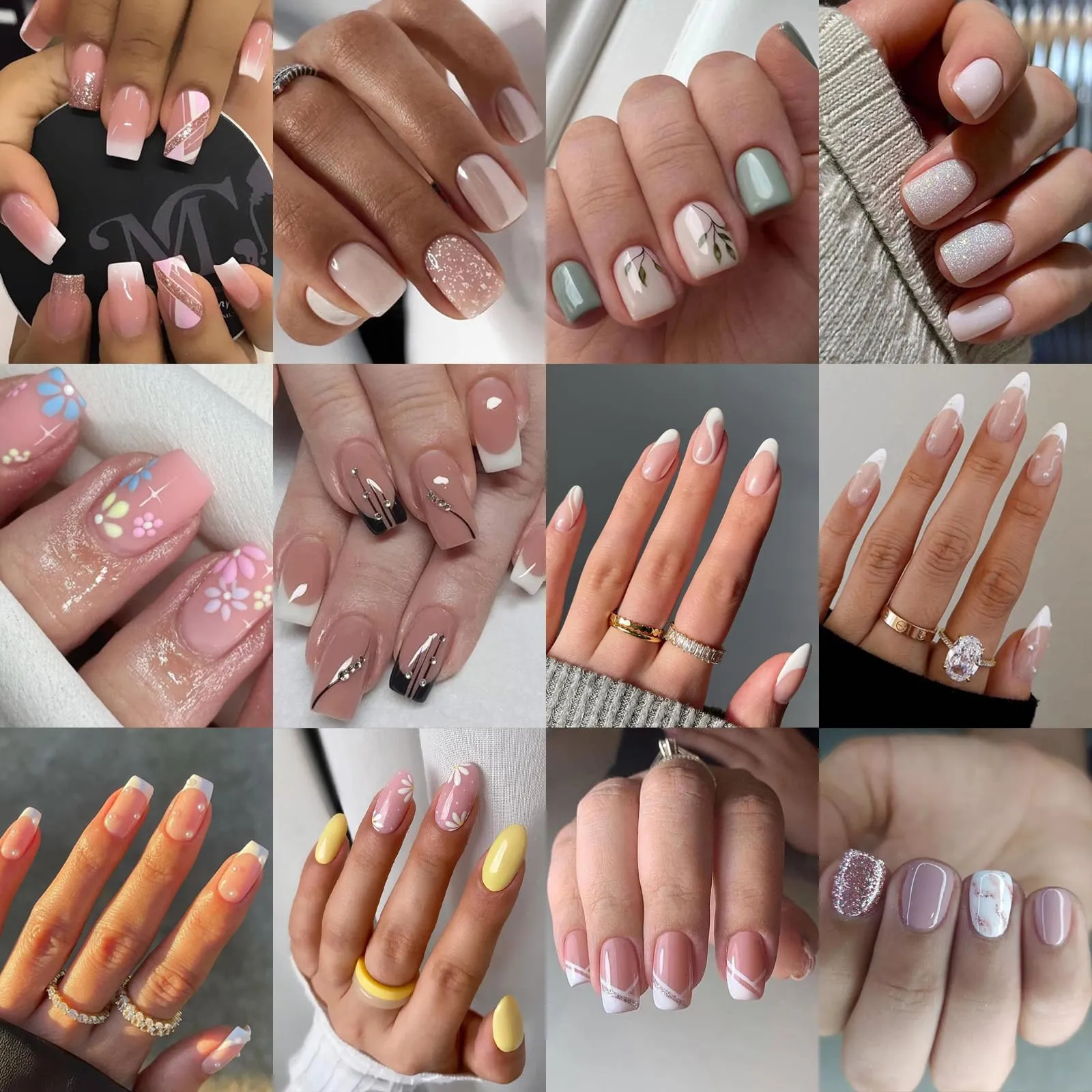 12Packs French Tip Press on Nails- OPkssnails Press on Nails Medium Almond And Square,Reusable Glue On Nails, Gel Fake Nails for Women, Stick On Nails Kit 12 Sizes-12styles