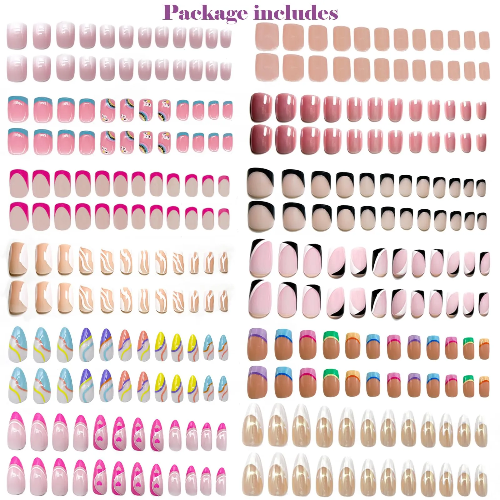12Packs French Tip Press on Nails- OPkssnails Press on Nails Medium Almond And Square,Reusable Glue On Nails, Gel Fake Nails for Women, Stick On Nails Kit 12 Sizes-12styles