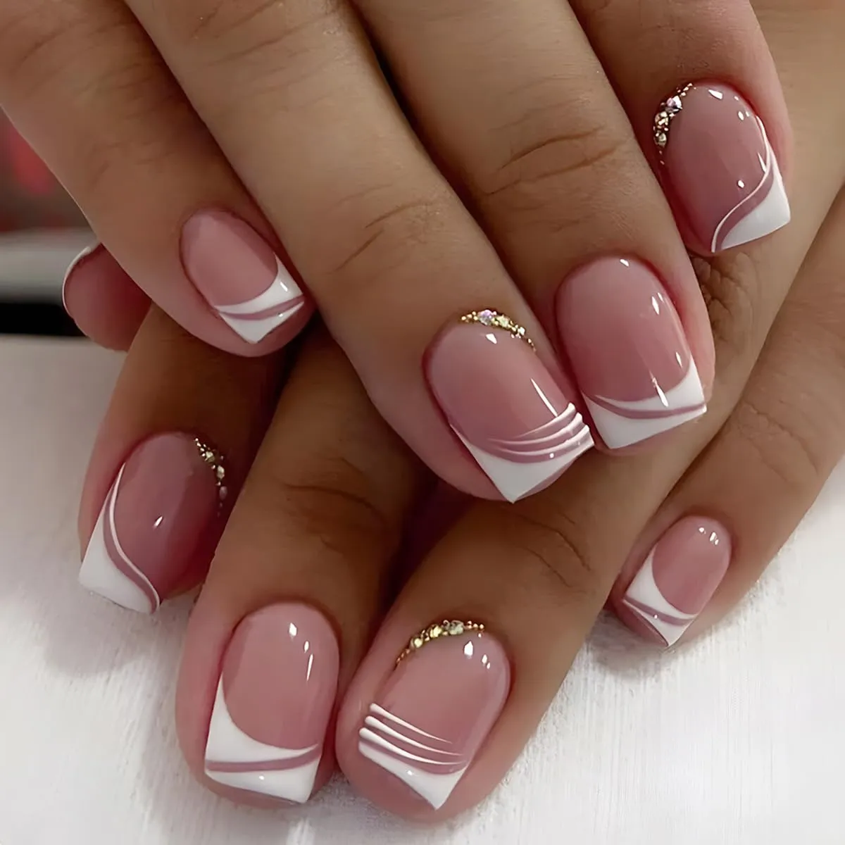 12Packs French Tip Press on Nails- OPkssnails Press on Nails Medium Almond And Square,Reusable Glue On Nails, Gel Fake Nails for Women, Stick On Nails Kit 12 Sizes-12styles
