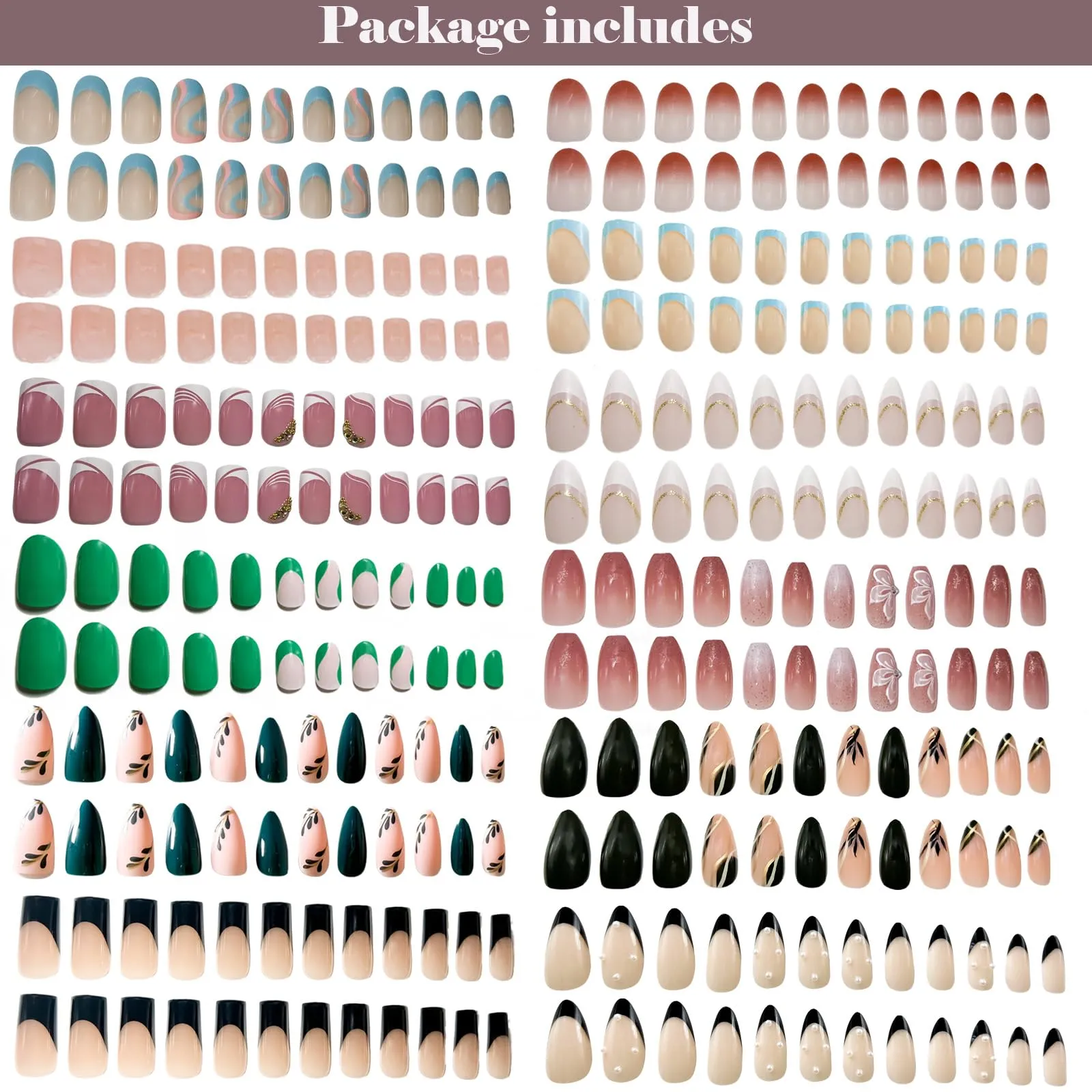 12Packs French Tip Press on Nails- OPkssnails Press on Nails Medium Almond And Square,Reusable Glue On Nails, Gel Fake Nails for Women, Stick On Nails Kit 12 Sizes-12styles