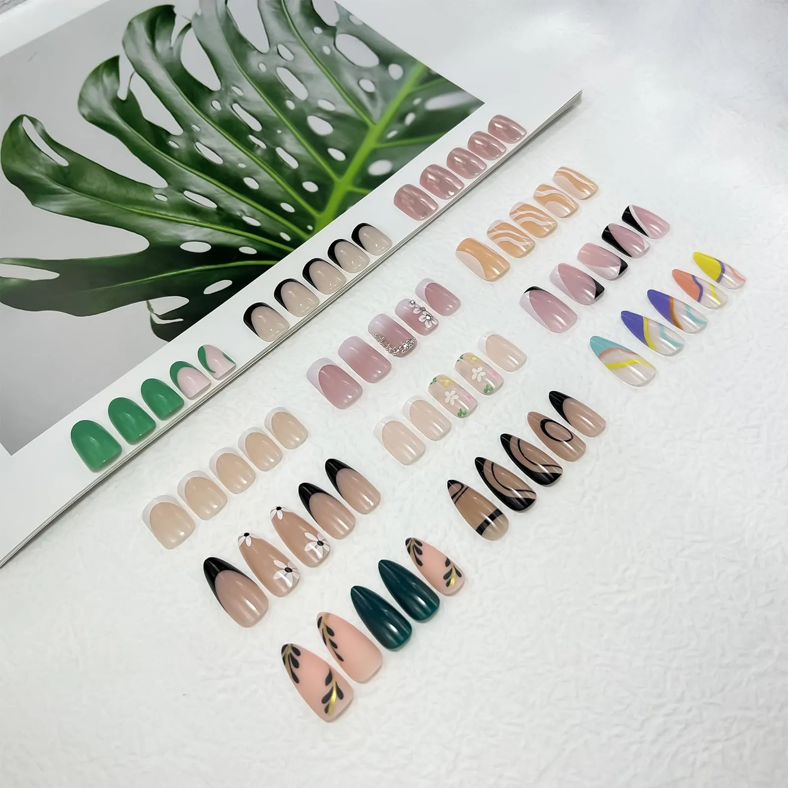 12Packs French Tip Press on Nails- OPkssnails Press on Nails Medium Almond And Square,Reusable Glue On Nails, Gel Fake Nails for Women, Stick On Nails Kit 12 Sizes-12styles