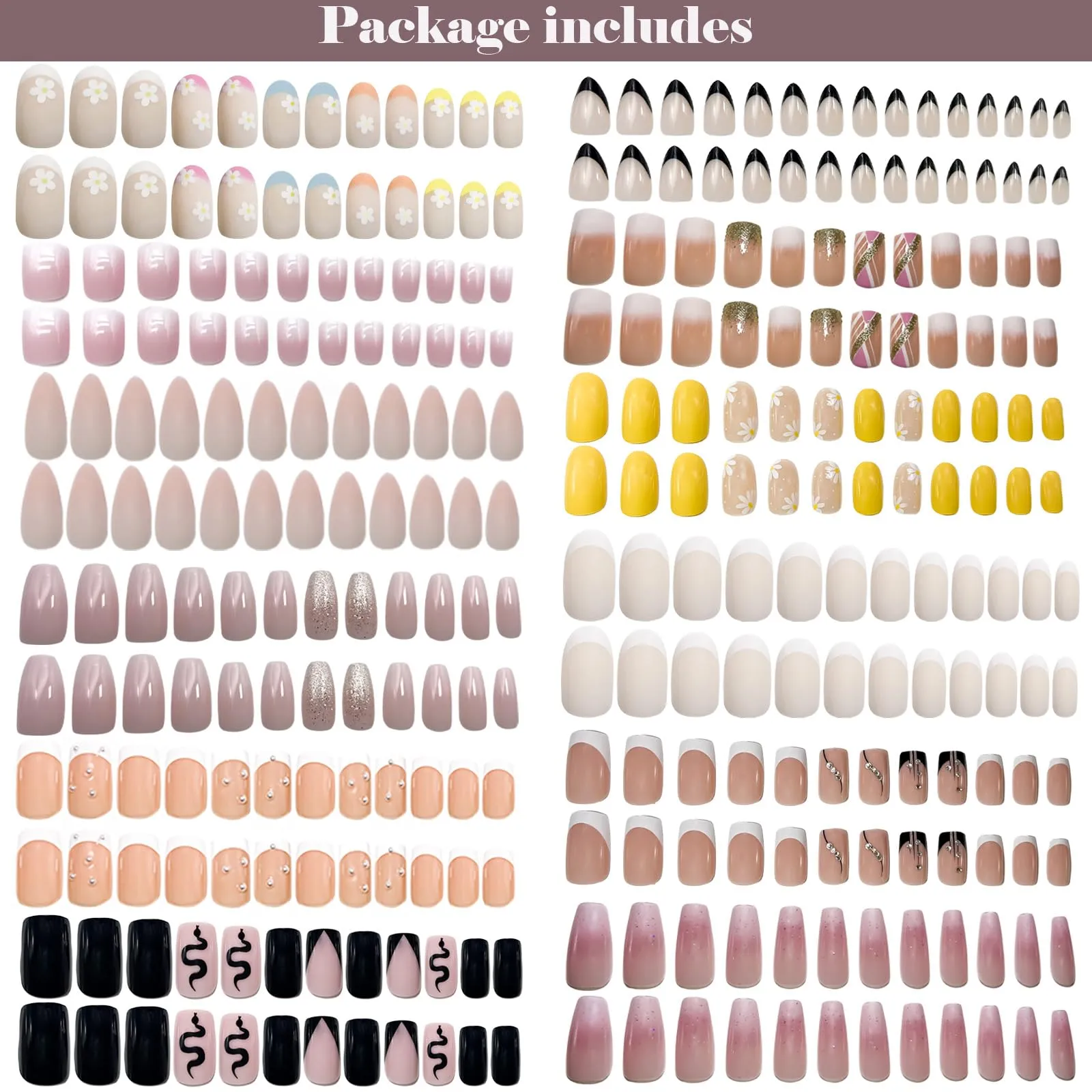 12Packs French Tip Press on Nails- OPkssnails Press on Nails Medium Almond And Square,Reusable Glue On Nails, Gel Fake Nails for Women, Stick On Nails Kit 12 Sizes-12styles