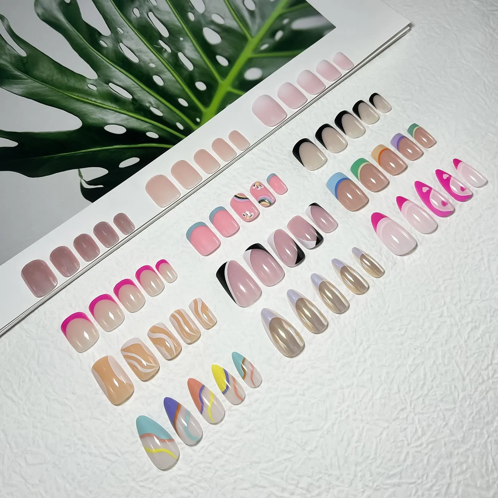 12Packs French Tip Press on Nails- OPkssnails Press on Nails Medium Almond And Square,Reusable Glue On Nails, Gel Fake Nails for Women, Stick On Nails Kit 12 Sizes-12styles