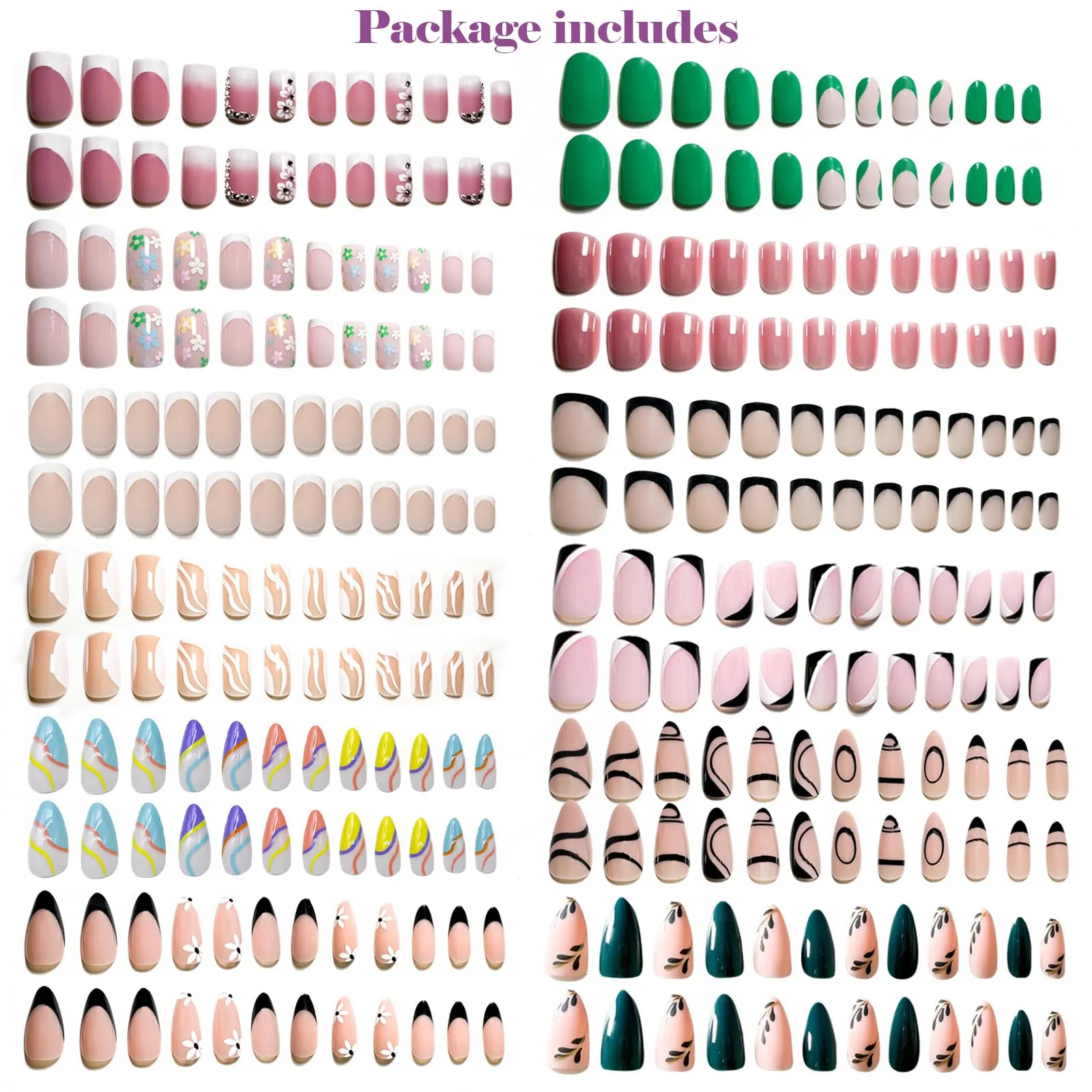 12Packs French Tip Press on Nails- OPkssnails Press on Nails Medium Almond And Square,Reusable Glue On Nails, Gel Fake Nails for Women, Stick On Nails Kit 12 Sizes-12styles