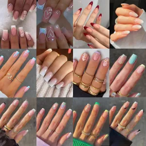 12Packs French Tip Press on Nails- OPkssnails Press on Nails Medium Almond And Square,Reusable Glue On Nails, Gel Fake Nails for Women, Stick On Nails Kit 12 Sizes-12styles