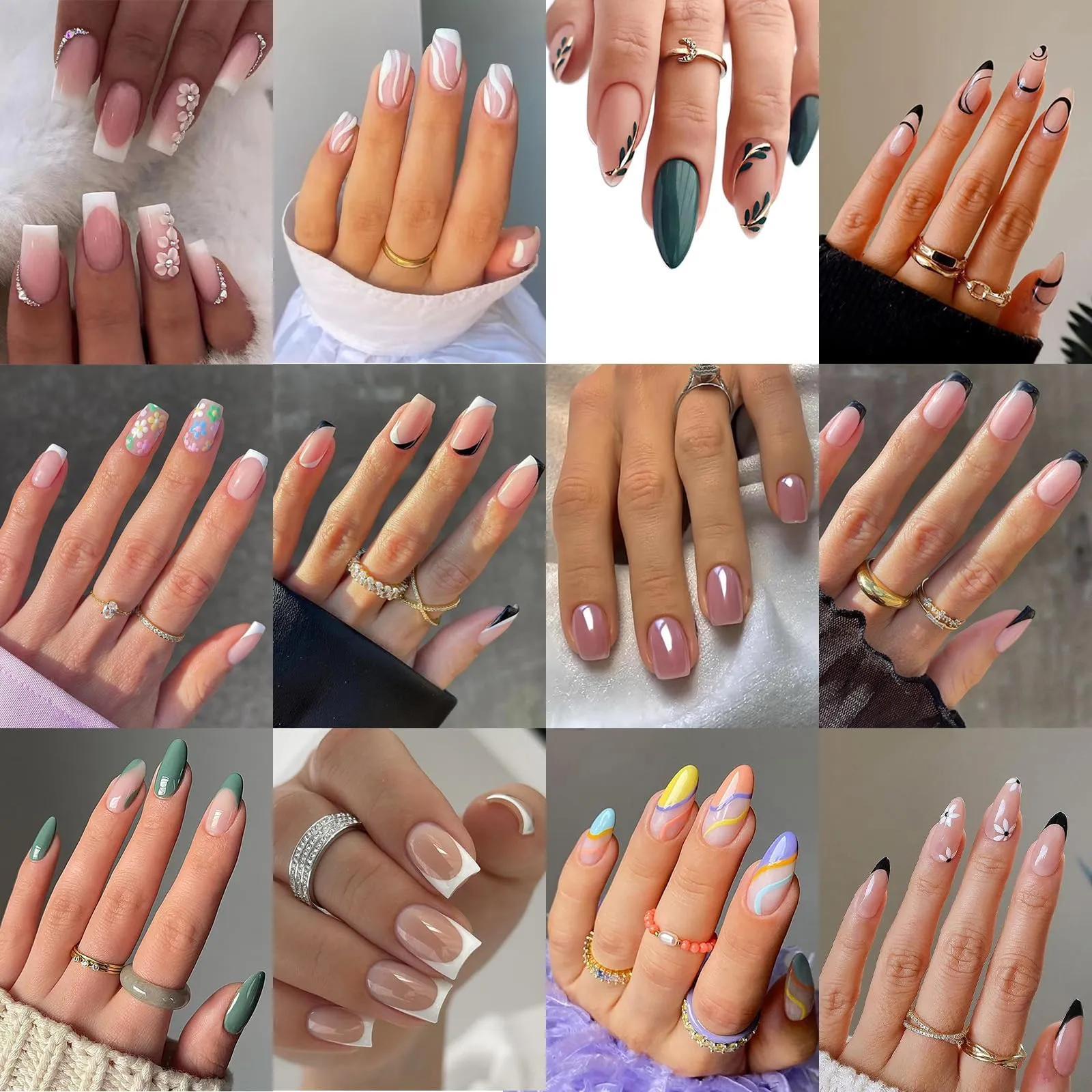12Packs French Tip Press on Nails- OPkssnails Press on Nails Medium Almond And Square,Reusable Glue On Nails, Gel Fake Nails for Women, Stick On Nails Kit 12 Sizes-12styles