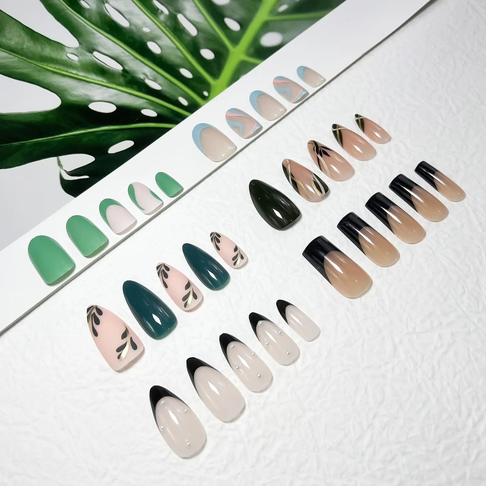 12Packs French Tip Press on Nails- OPkssnails Press on Nails Medium Almond And Square,Reusable Glue On Nails, Gel Fake Nails for Women, Stick On Nails Kit 12 Sizes-12styles