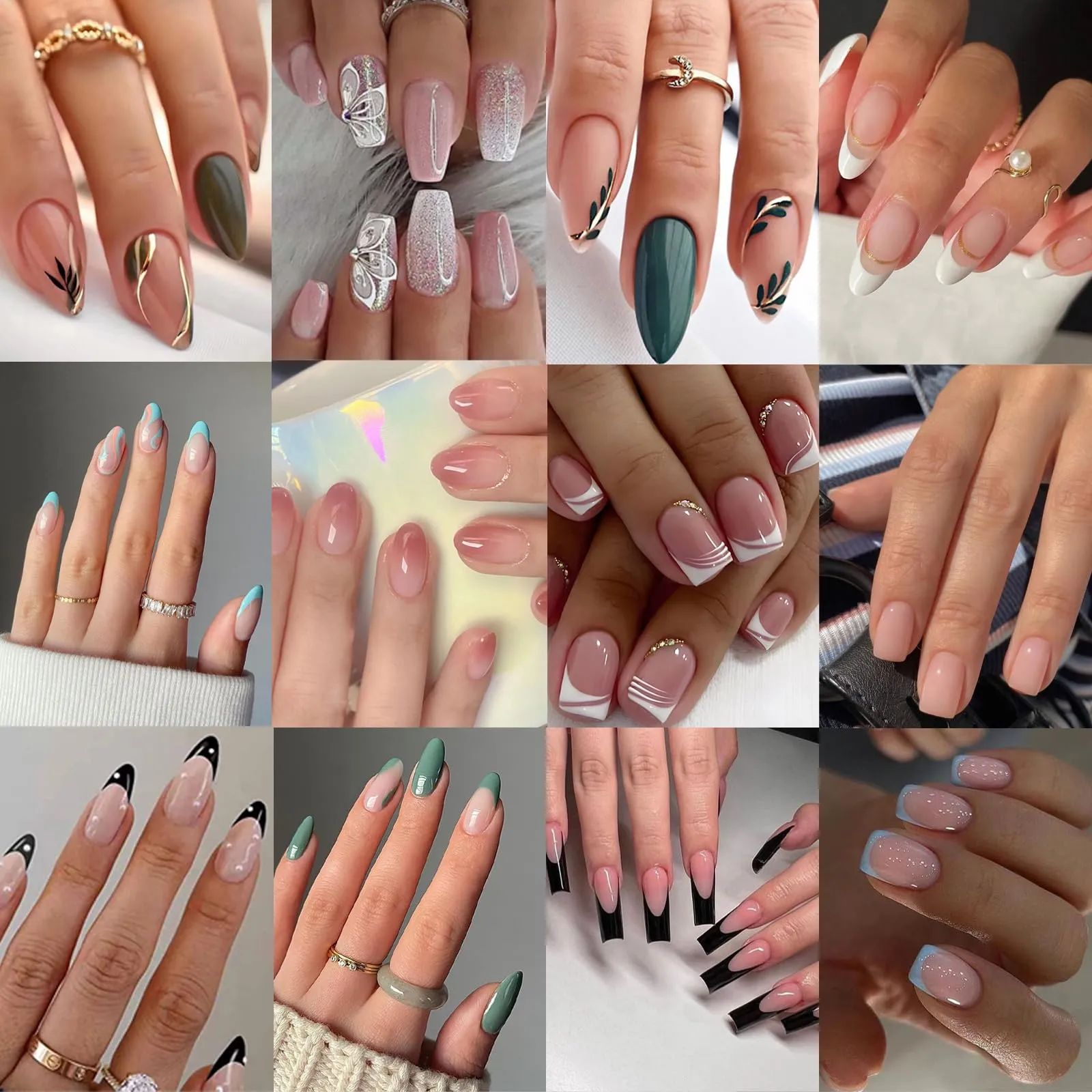 12Packs French Tip Press on Nails- OPkssnails Press on Nails Medium Almond And Square,Reusable Glue On Nails, Gel Fake Nails for Women, Stick On Nails Kit 12 Sizes-12styles