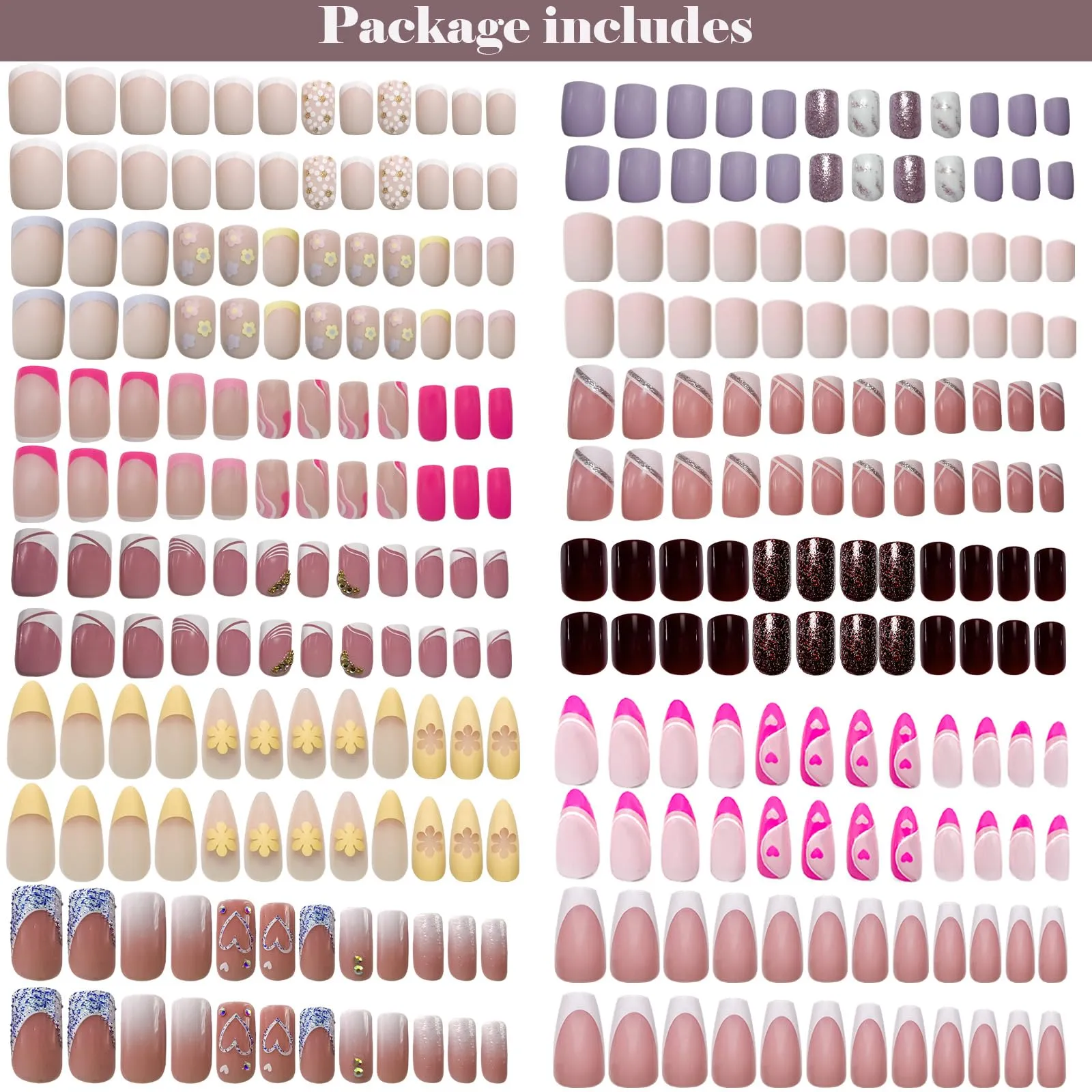 12Packs French Tip Press on Nails- OPkssnails Press on Nails Medium Almond And Square,Reusable Glue On Nails, Gel Fake Nails for Women, Stick On Nails Kit 12 Sizes-12styles