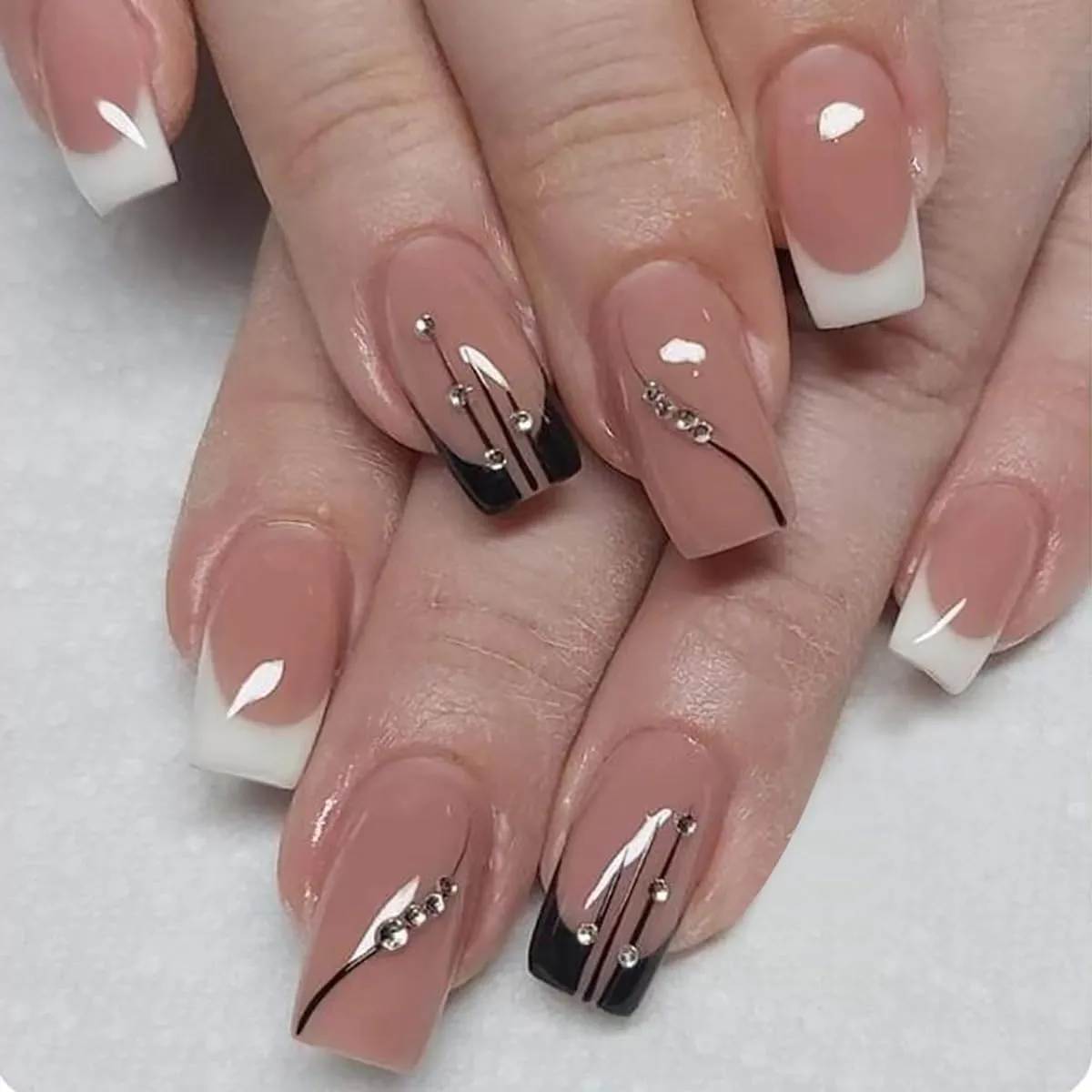 12Packs French Tip Press on Nails- OPkssnails Press on Nails Medium Almond And Square,Reusable Glue On Nails, Gel Fake Nails for Women, Stick On Nails Kit 12 Sizes-12styles