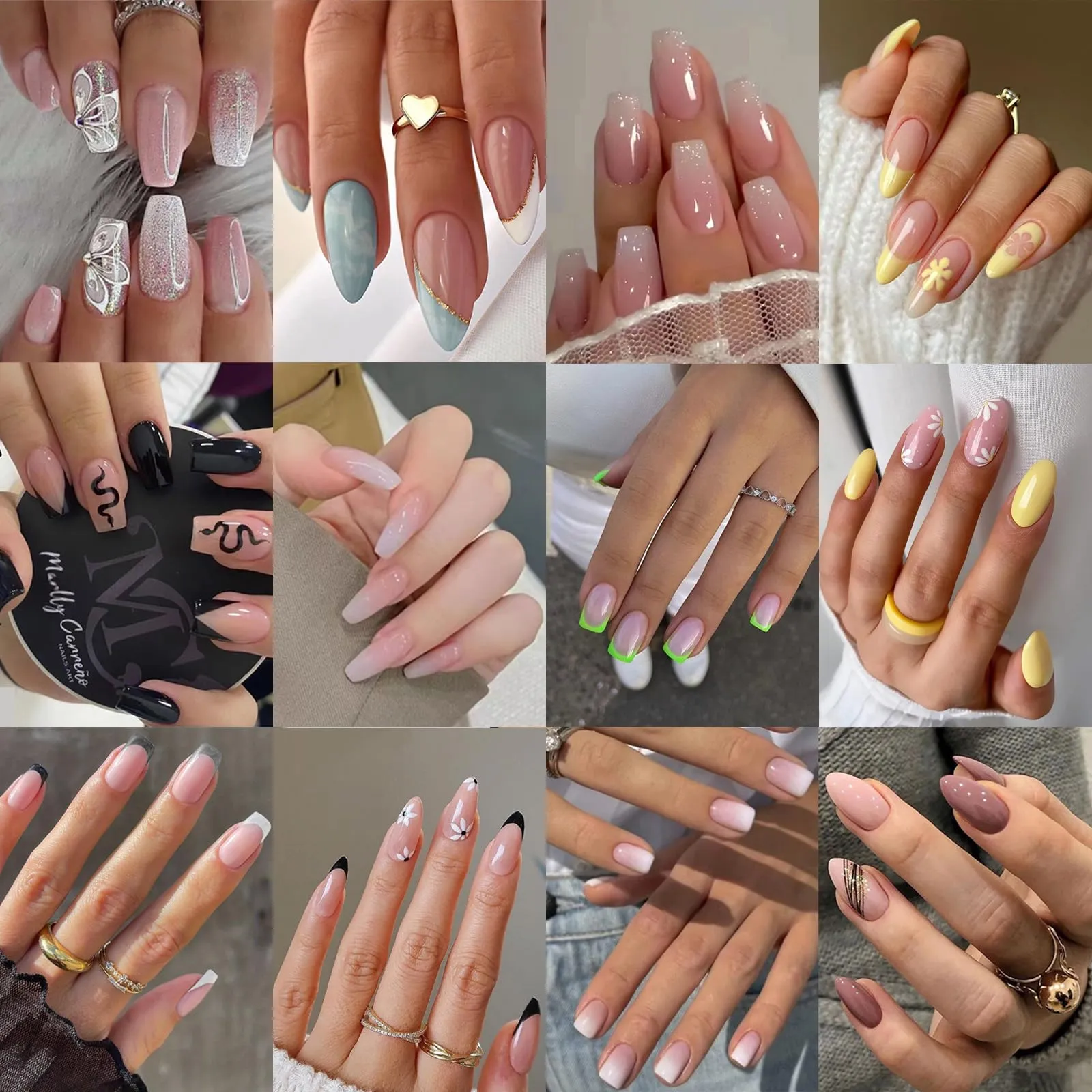 12Packs French Tip Press on Nails- OPkssnails Press on Nails Medium Almond And Square,Reusable Glue On Nails, Gel Fake Nails for Women, Stick On Nails Kit 12 Sizes-12styles