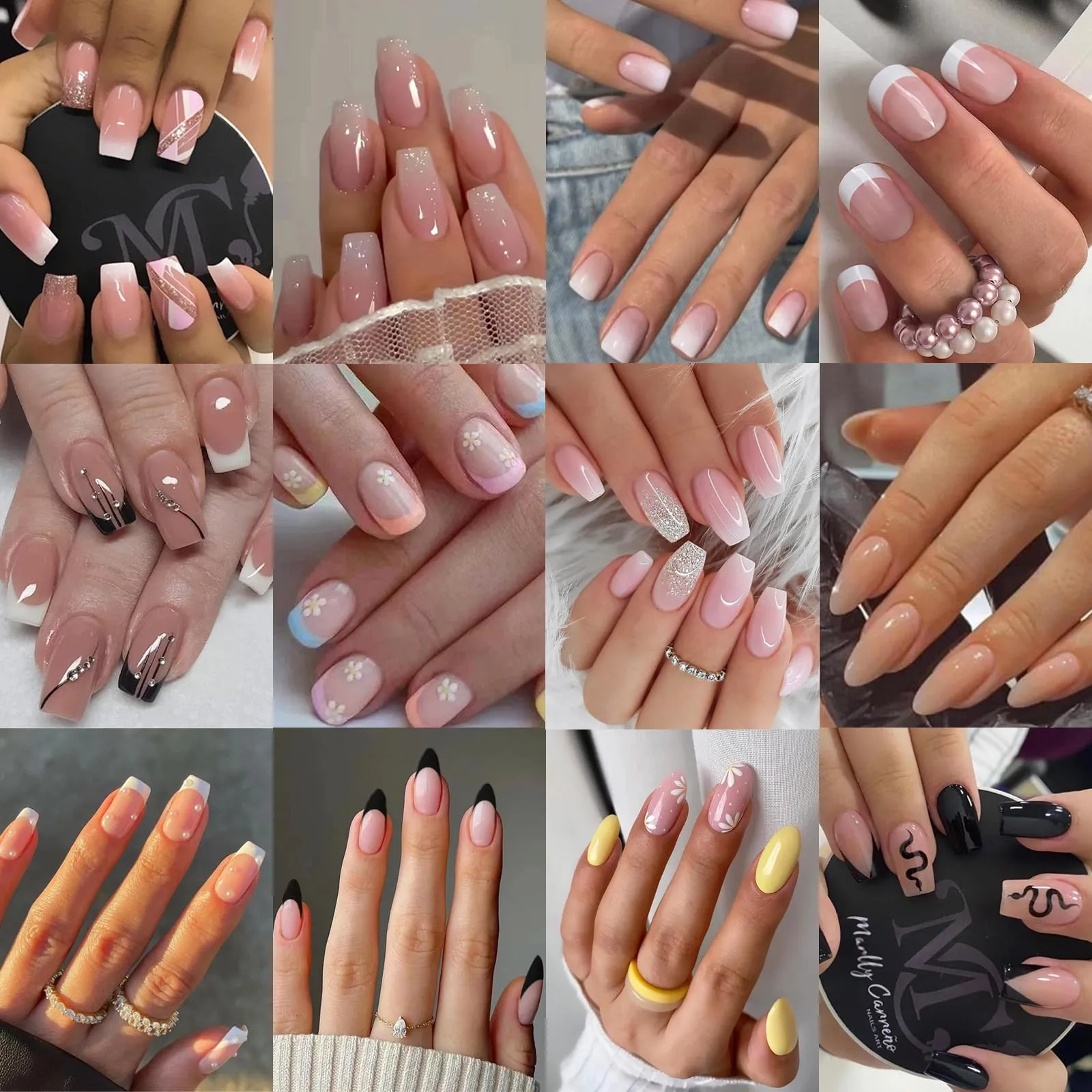 12Packs French Tip Press on Nails- OPkssnails Press on Nails Medium Almond And Square,Reusable Glue On Nails, Gel Fake Nails for Women, Stick On Nails Kit 12 Sizes-12styles