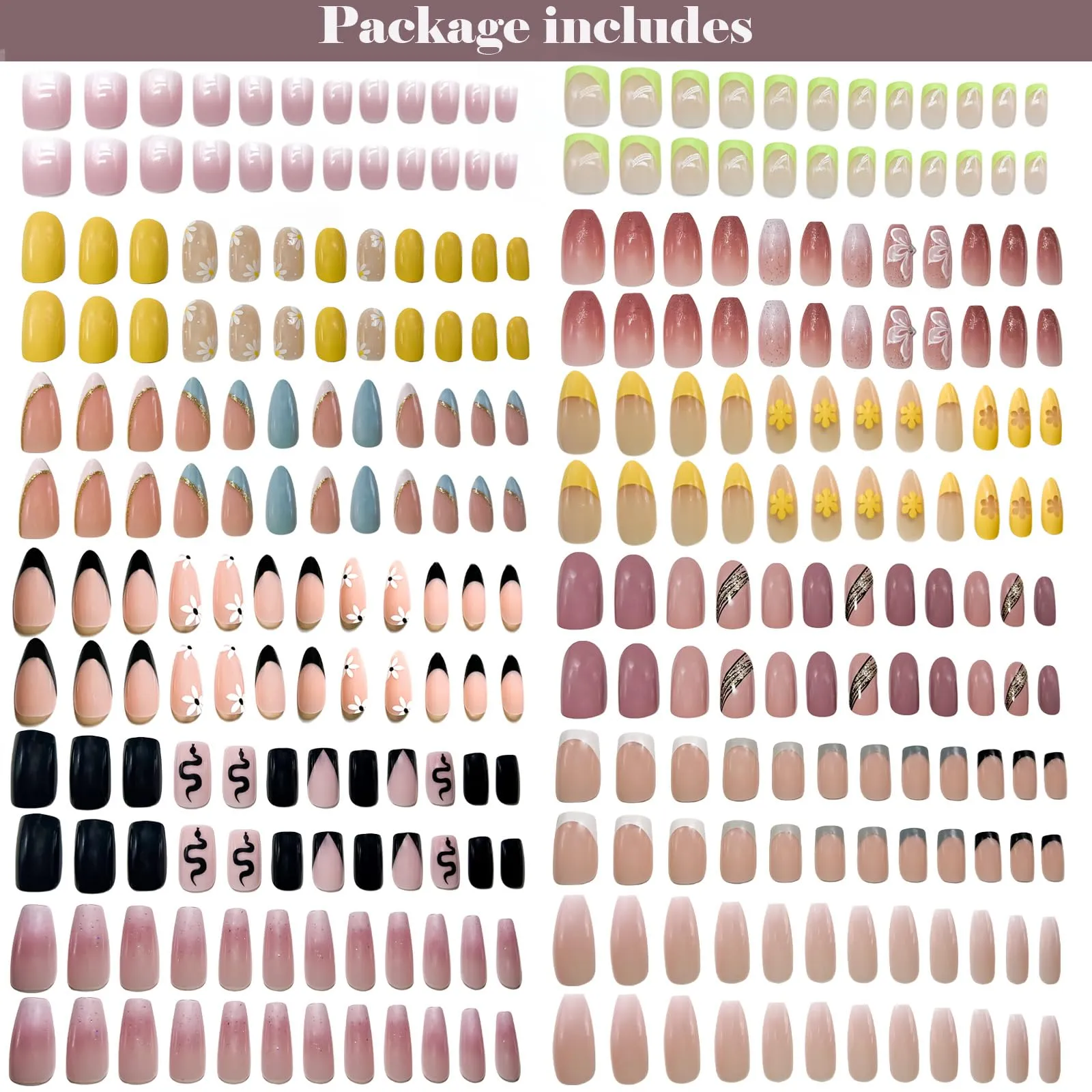 12Packs French Tip Press on Nails- OPkssnails Press on Nails Medium Almond And Square,Reusable Glue On Nails, Gel Fake Nails for Women, Stick On Nails Kit 12 Sizes-12styles
