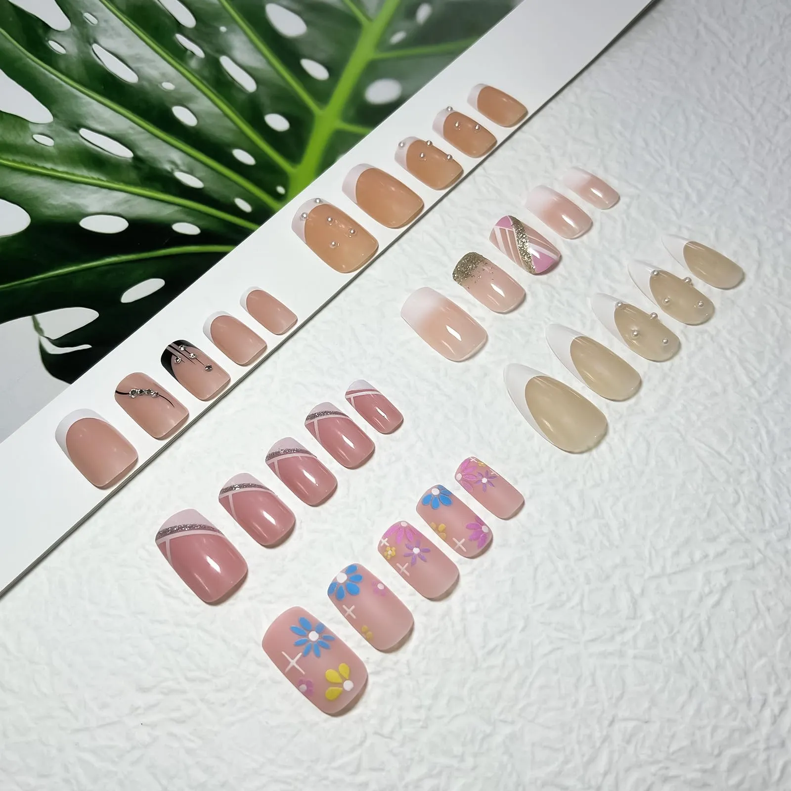 12Packs French Tip Press on Nails- OPkssnails Press on Nails Medium Almond And Square,Reusable Glue On Nails, Gel Fake Nails for Women, Stick On Nails Kit 12 Sizes-12styles