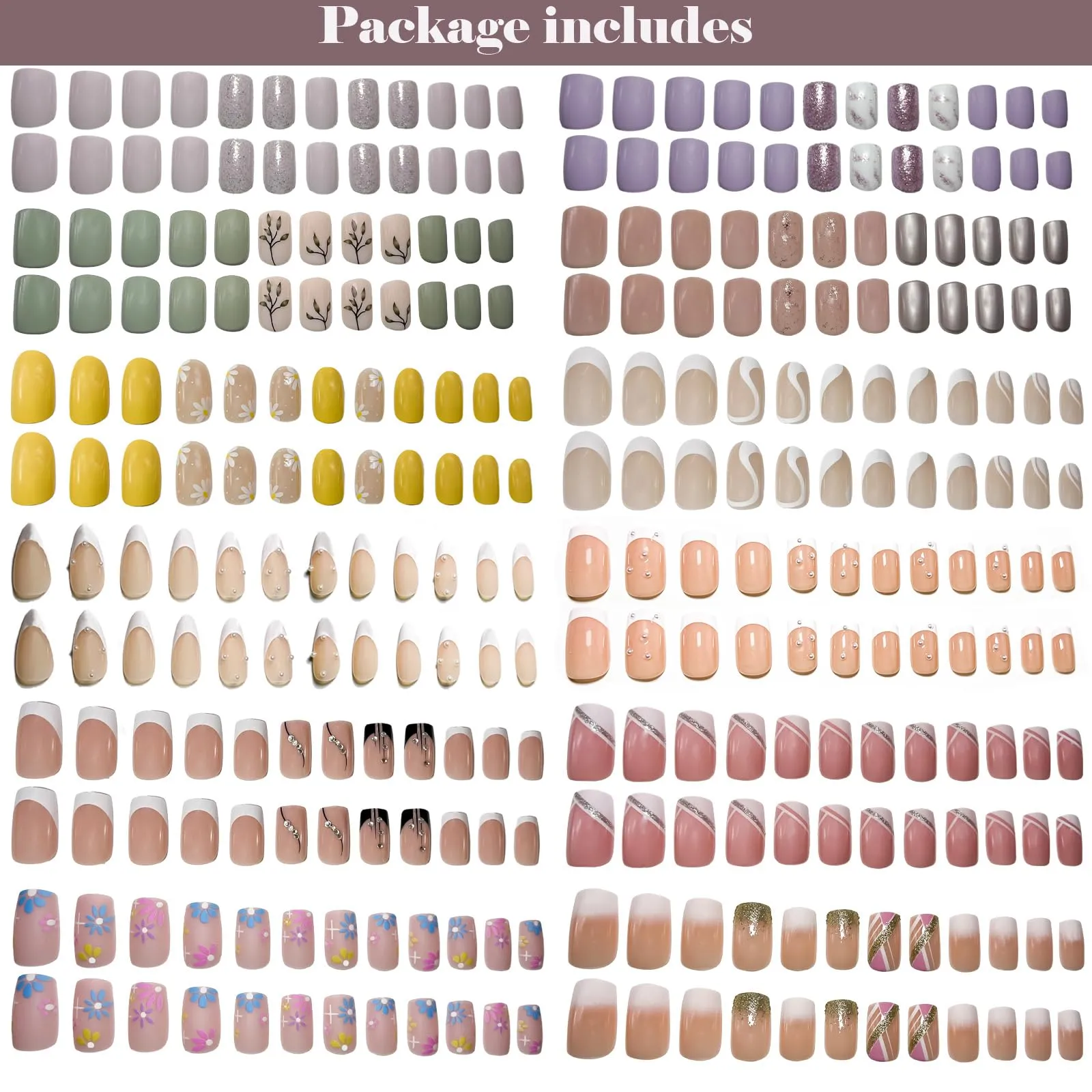 12Packs French Tip Press on Nails- OPkssnails Press on Nails Medium Almond And Square,Reusable Glue On Nails, Gel Fake Nails for Women, Stick On Nails Kit 12 Sizes-12styles
