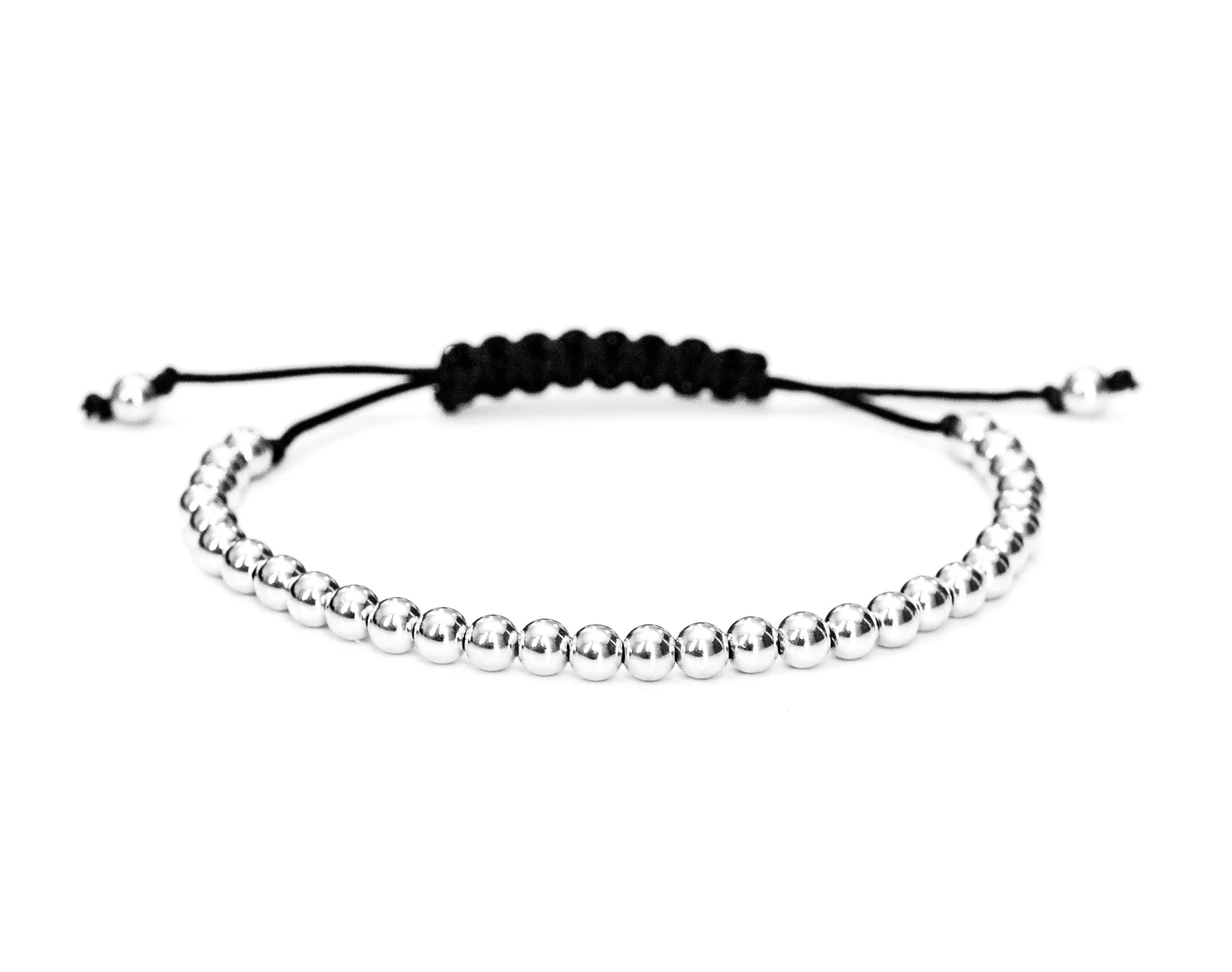 14k White Gold Bead Bracelet with Black Cord- For Men and Women - 4mm