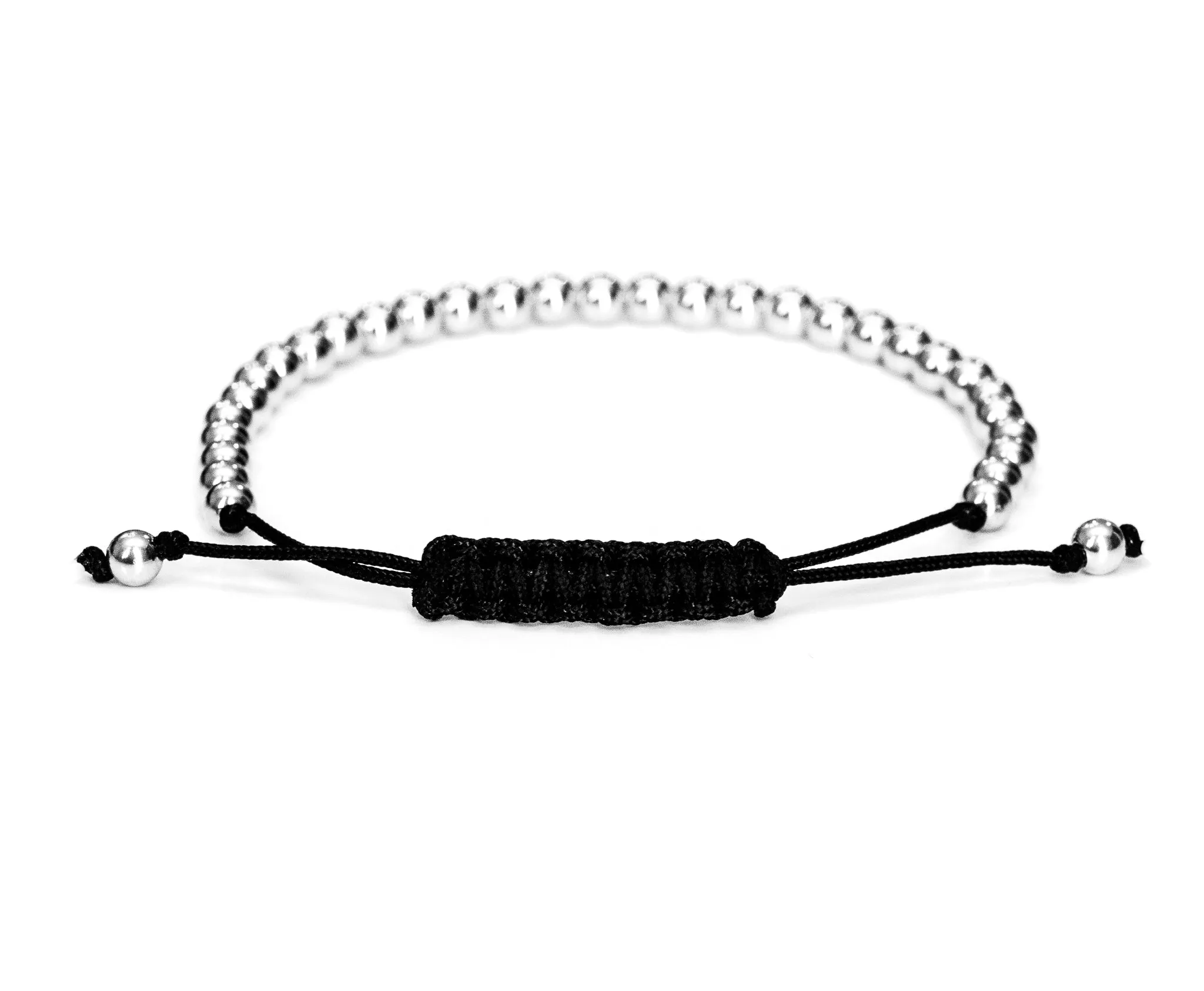 14k White Gold Bead Bracelet with Black Cord- For Men and Women - 4mm