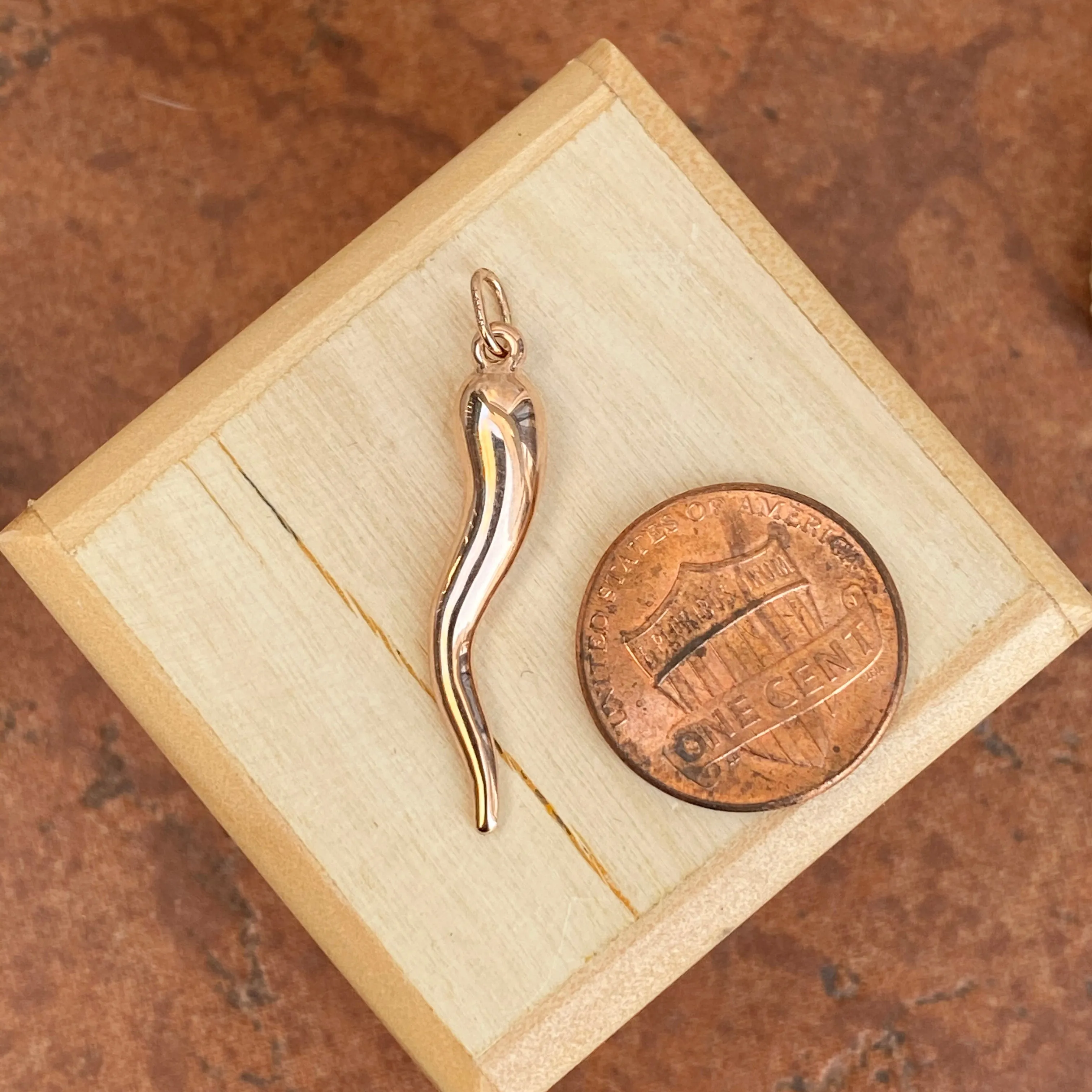 14KT Rose Gold Medium "Cornicello" Italian Horn Pendant Charm 30mm