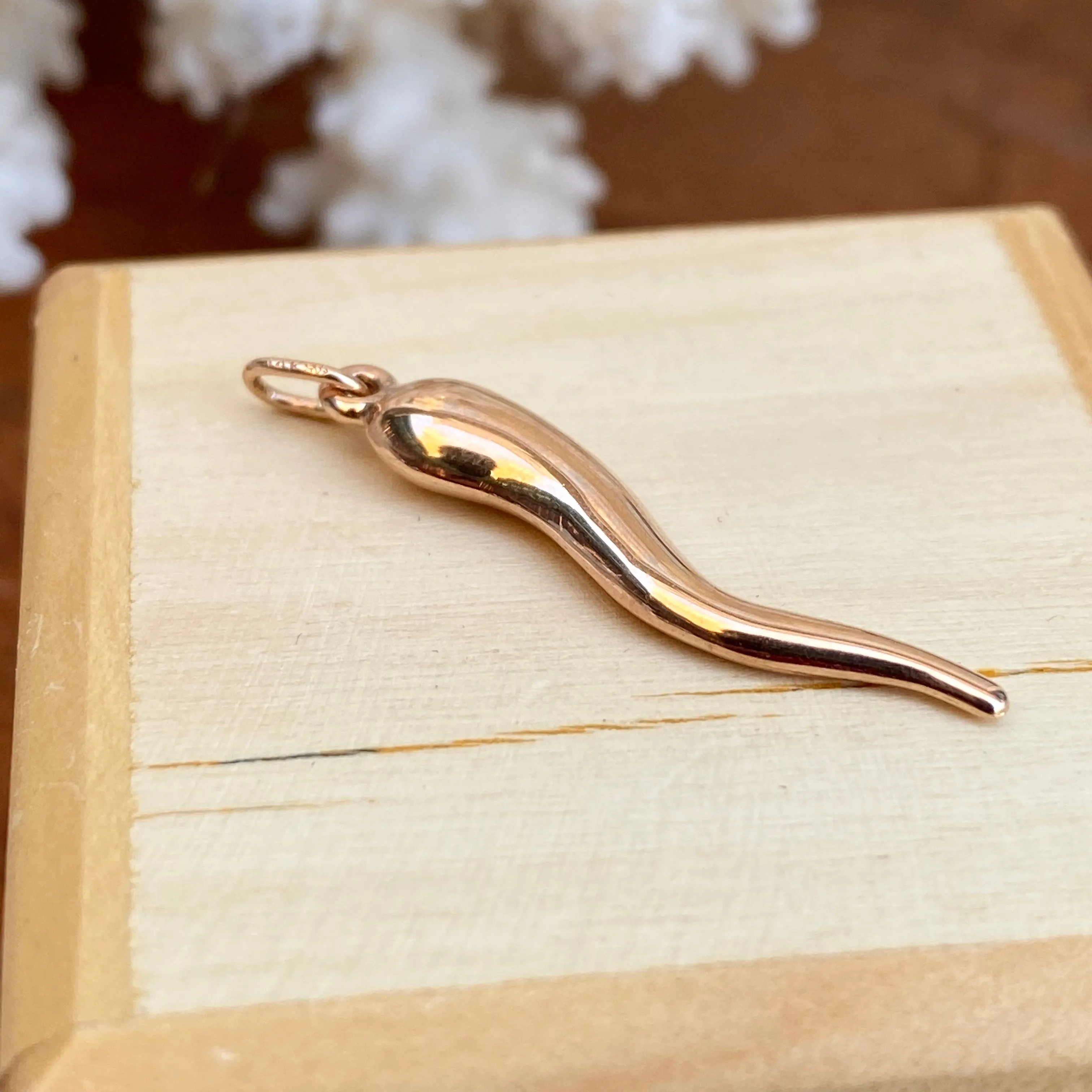 14KT Rose Gold Medium "Cornicello" Italian Horn Pendant Charm 30mm