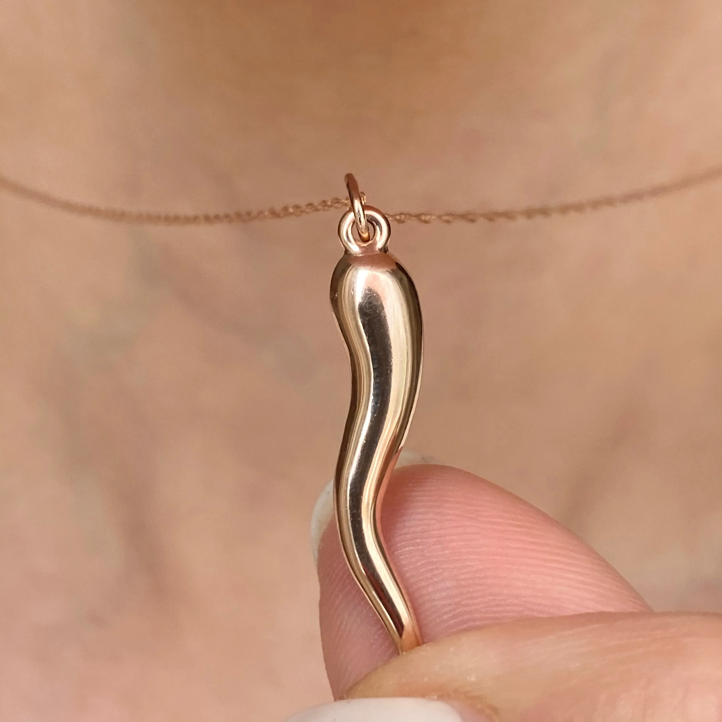 14KT Rose Gold Medium "Cornicello" Italian Horn Pendant Charm 30mm