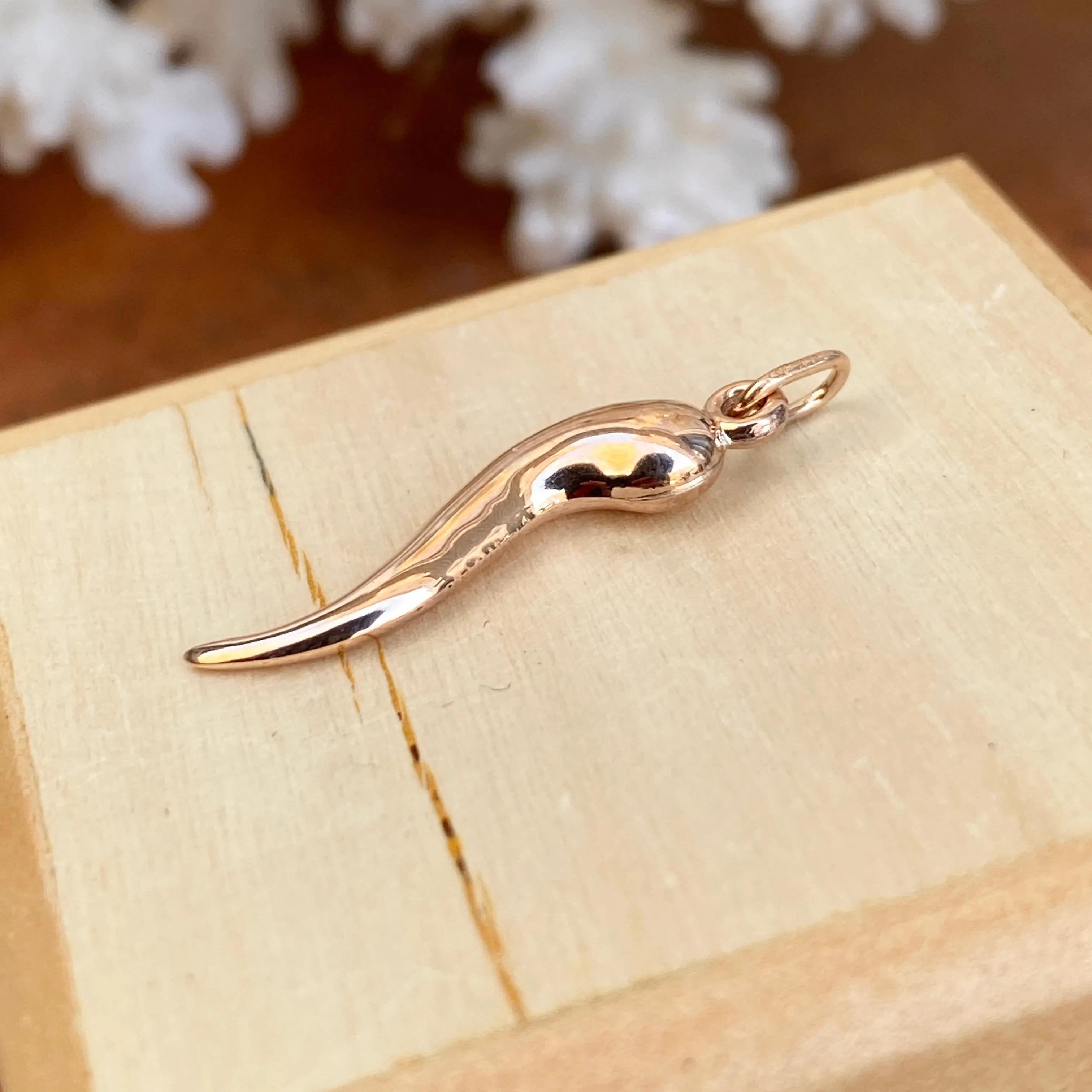 14KT Rose Gold Small "Cornicello" Italian Horn Pendant Charm 25mm