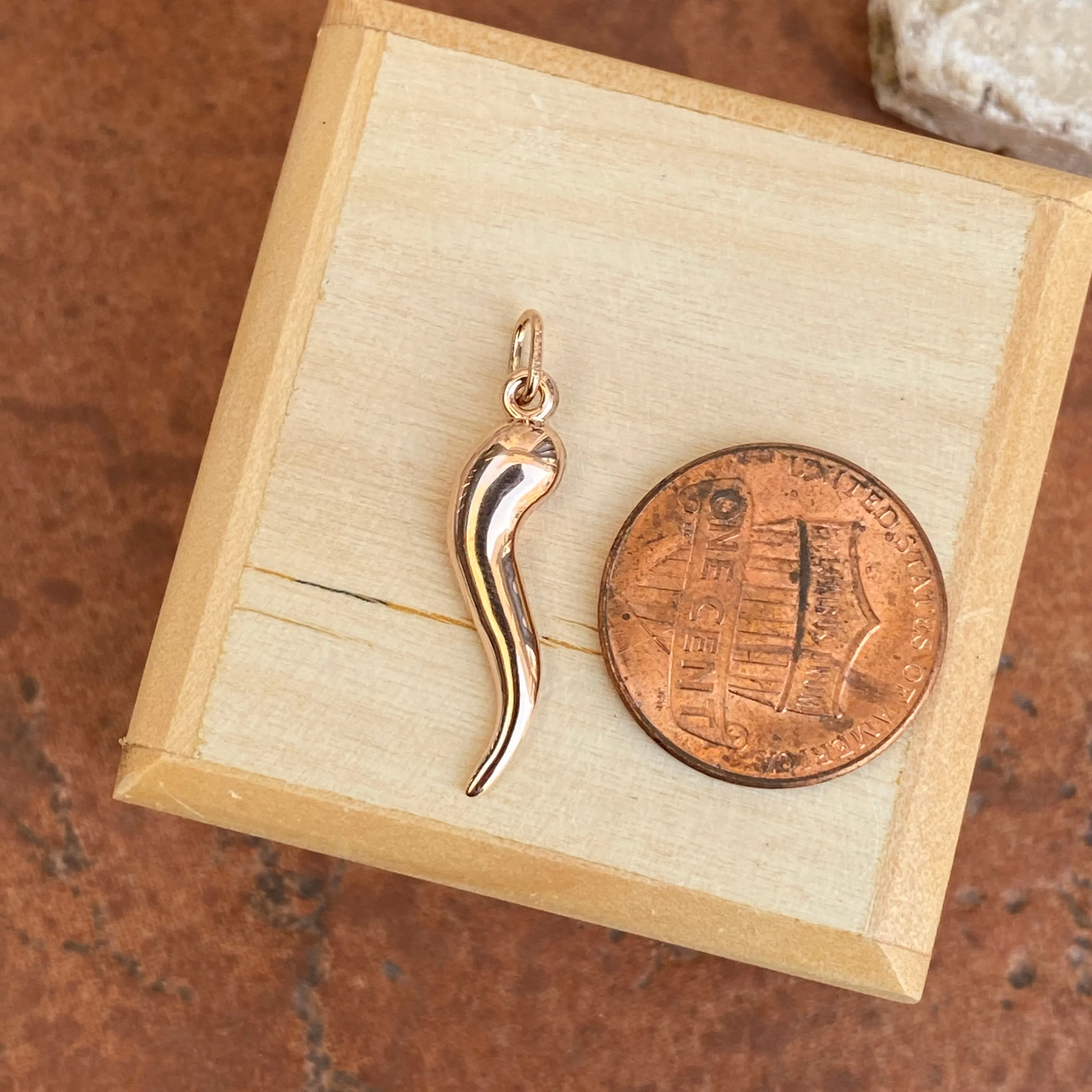 14KT Rose Gold Small "Cornicello" Italian Horn Pendant Charm 25mm