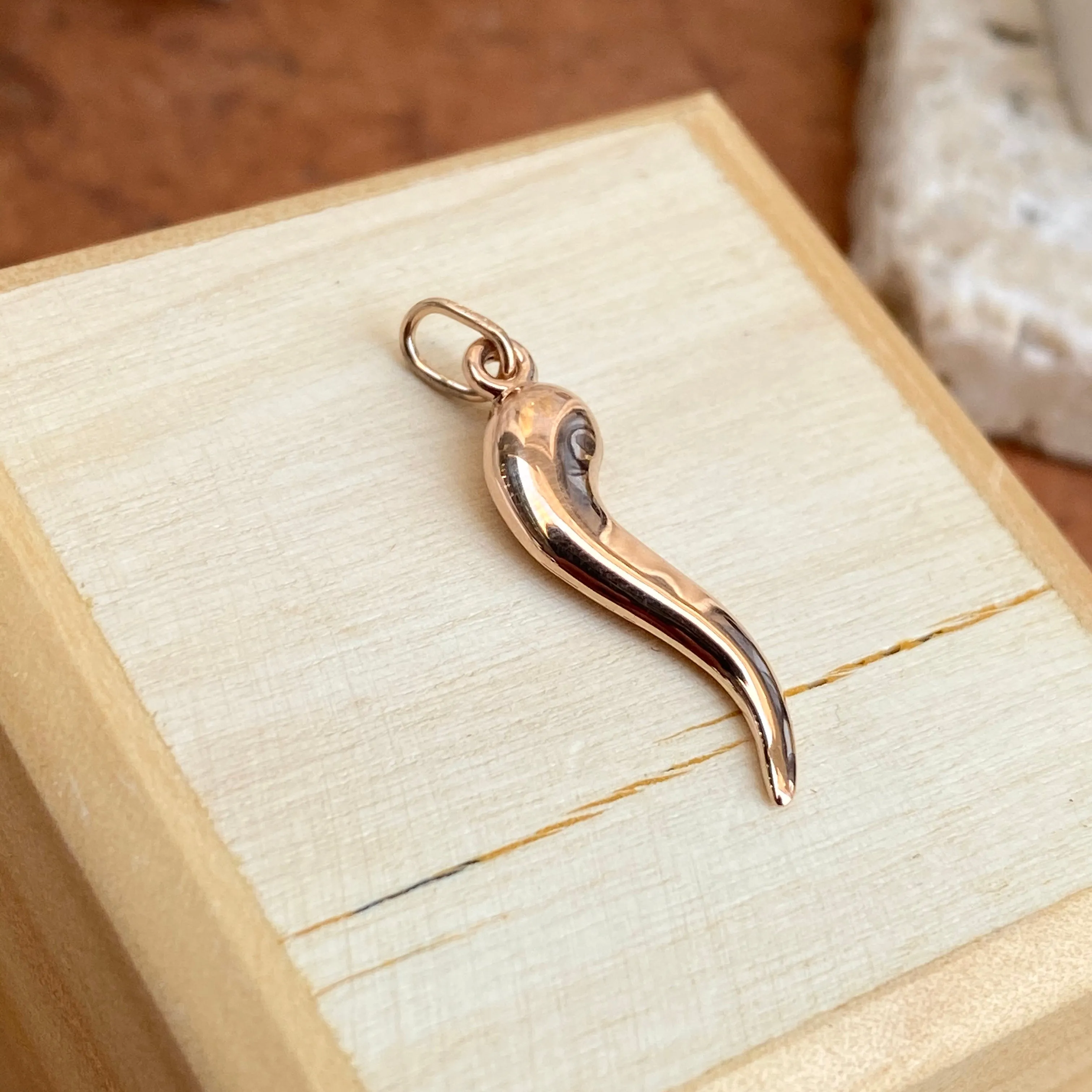 14KT Rose Gold Small "Cornicello" Italian Horn Pendant Charm 25mm
