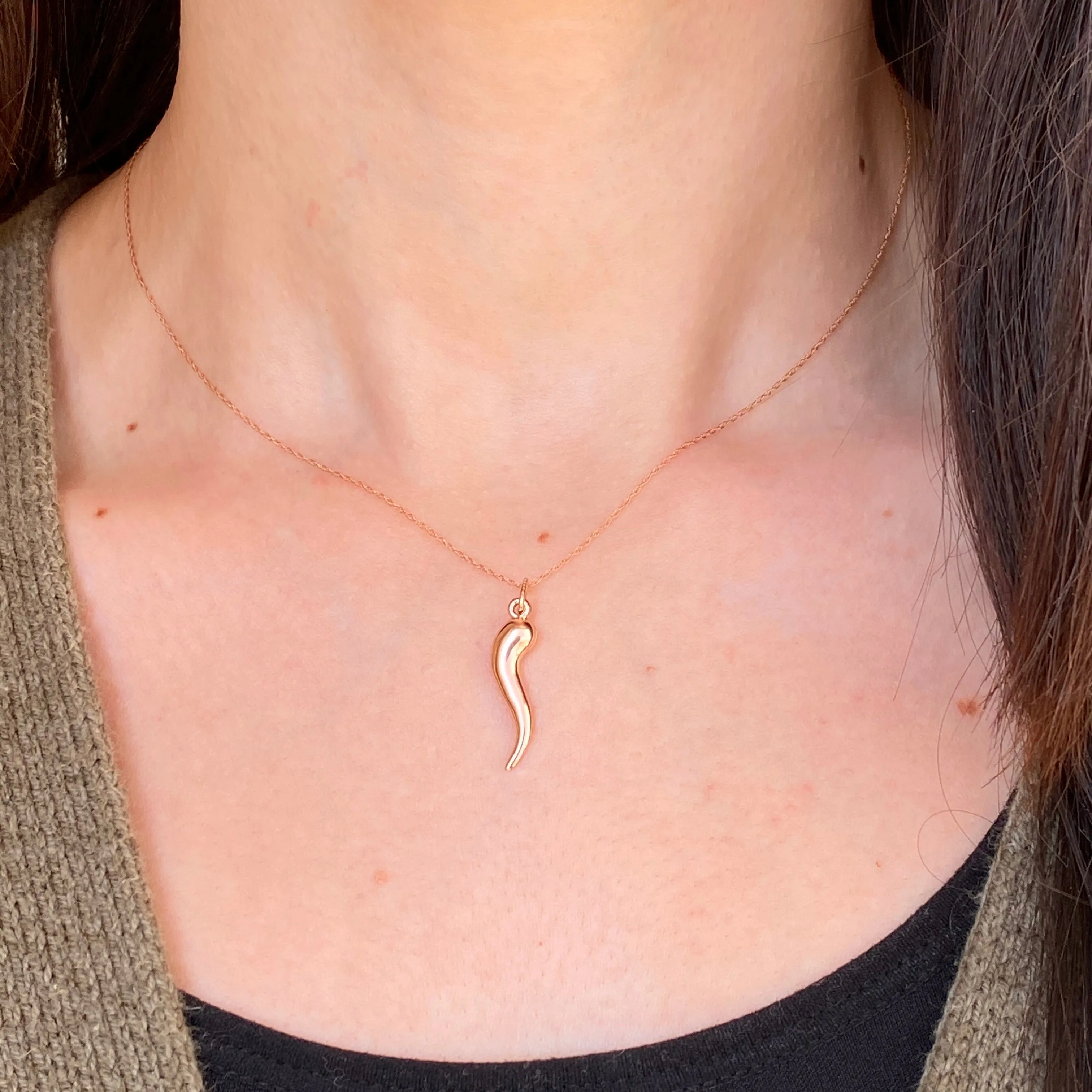 14KT Rose Gold Small "Cornicello" Italian Horn Pendant Charm 25mm