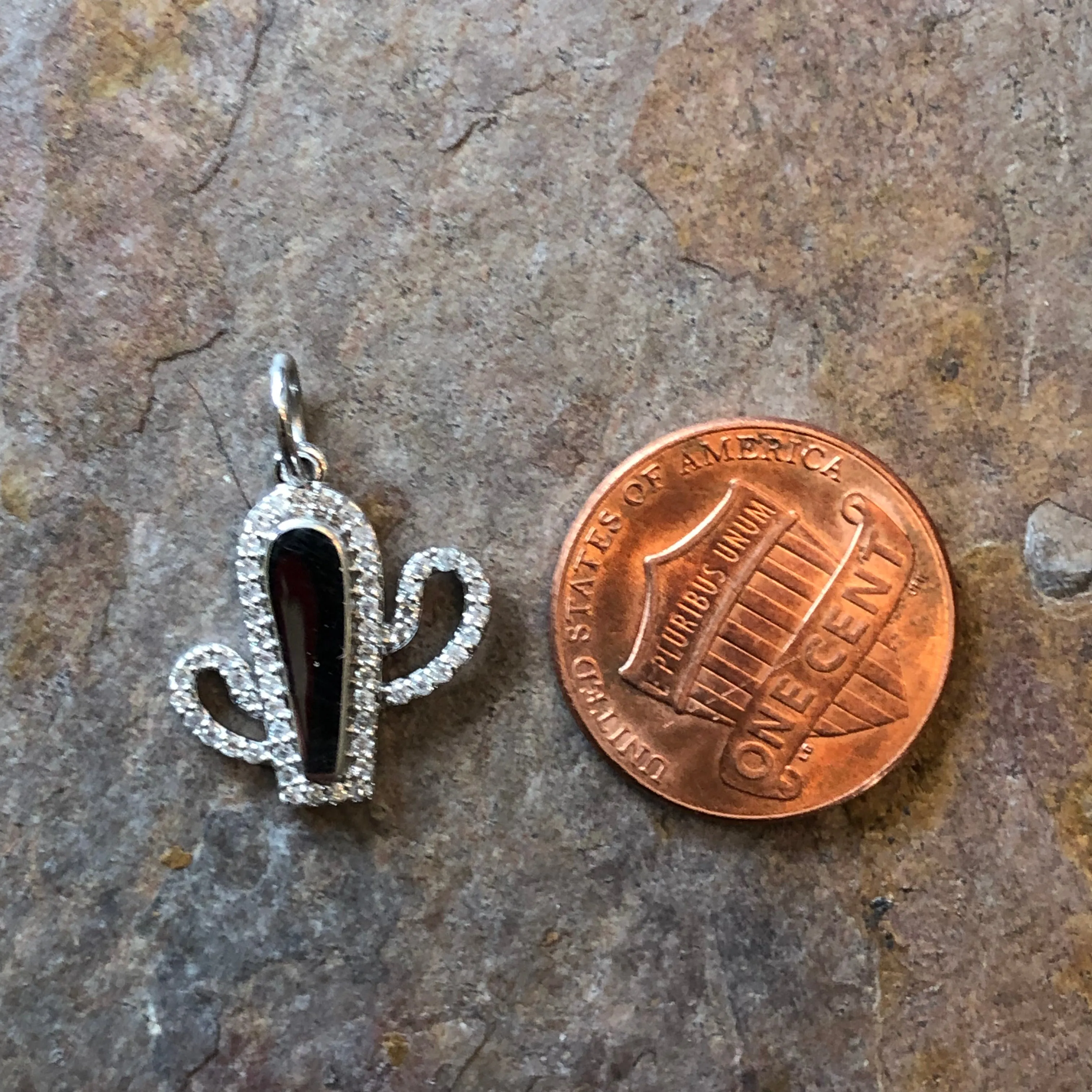 14KT White Gold Pave Diamond Cactus Pendant Charm