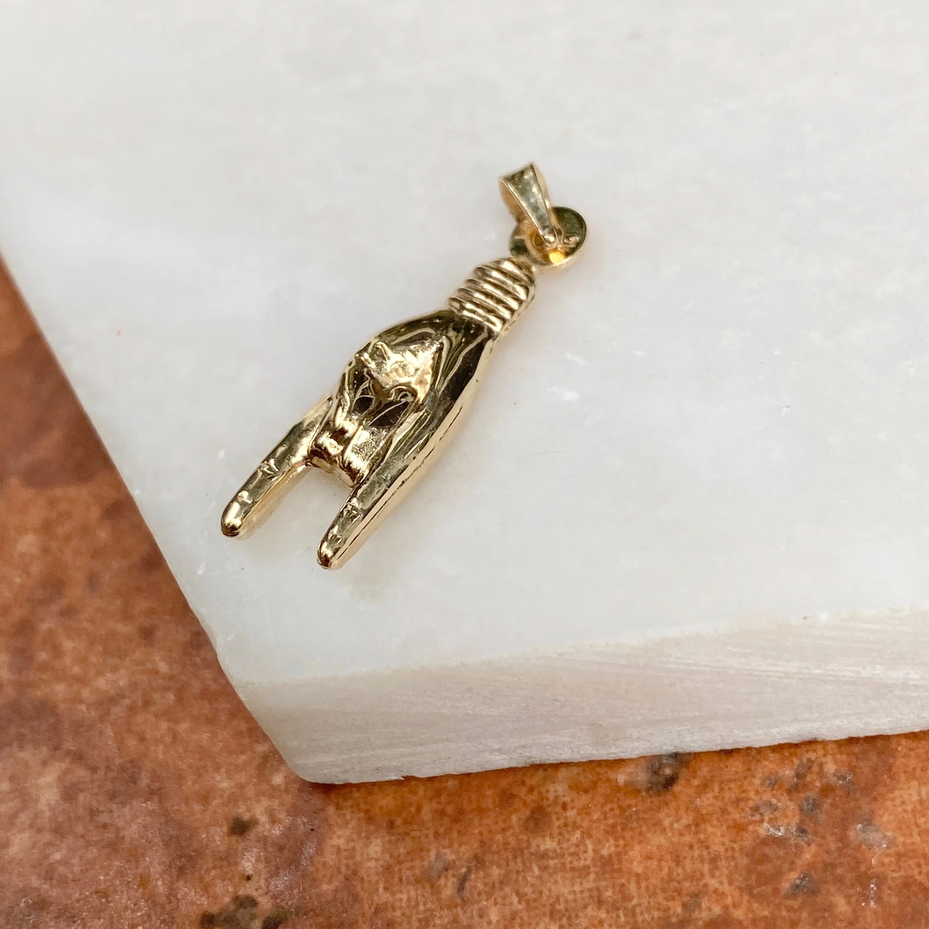 14KT Yellow Gold 3D Italian Mano Cornuto Pendant Charm 25mm