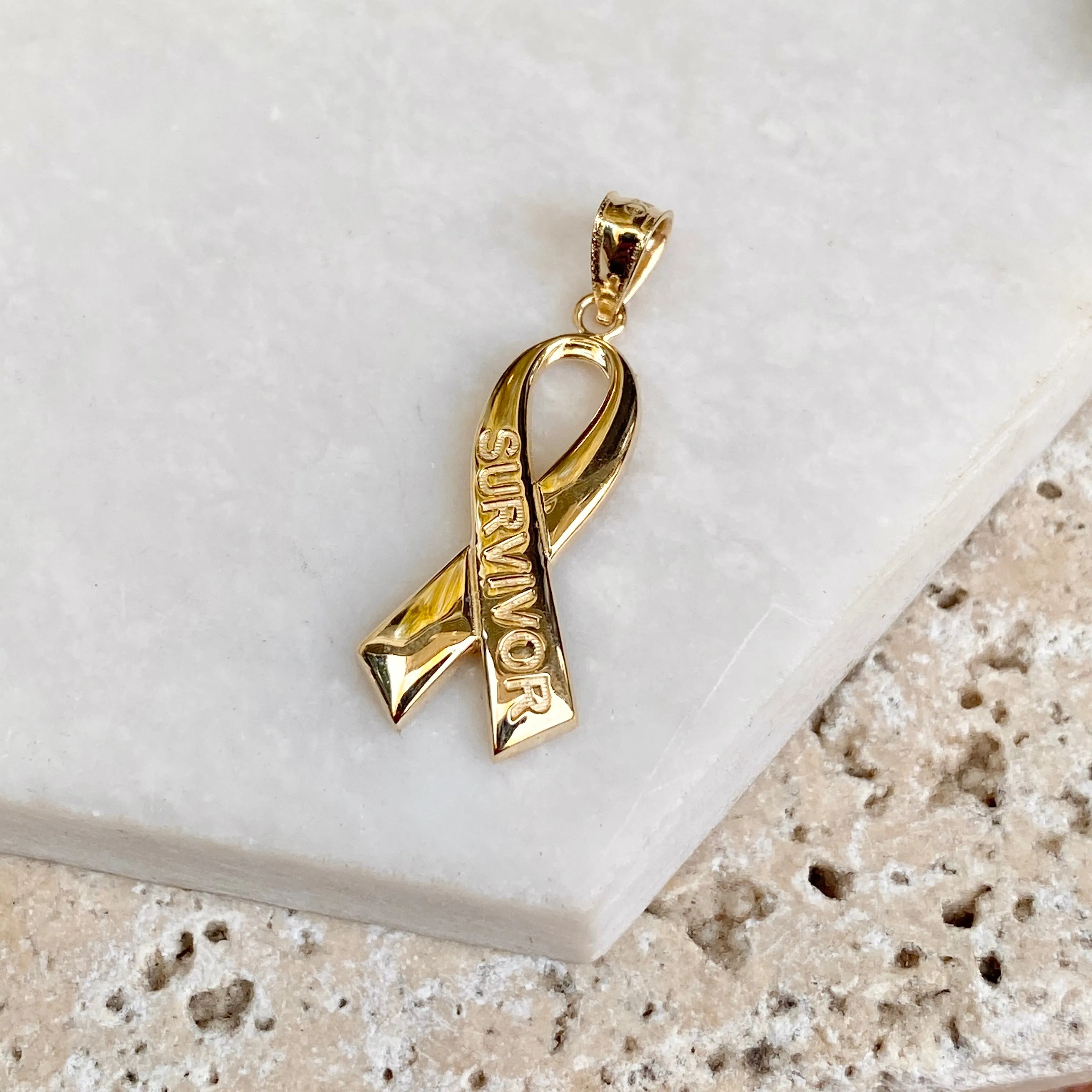 14KT Yellow Gold Cancer Awareness Survivor Ribbon Pendant Charm