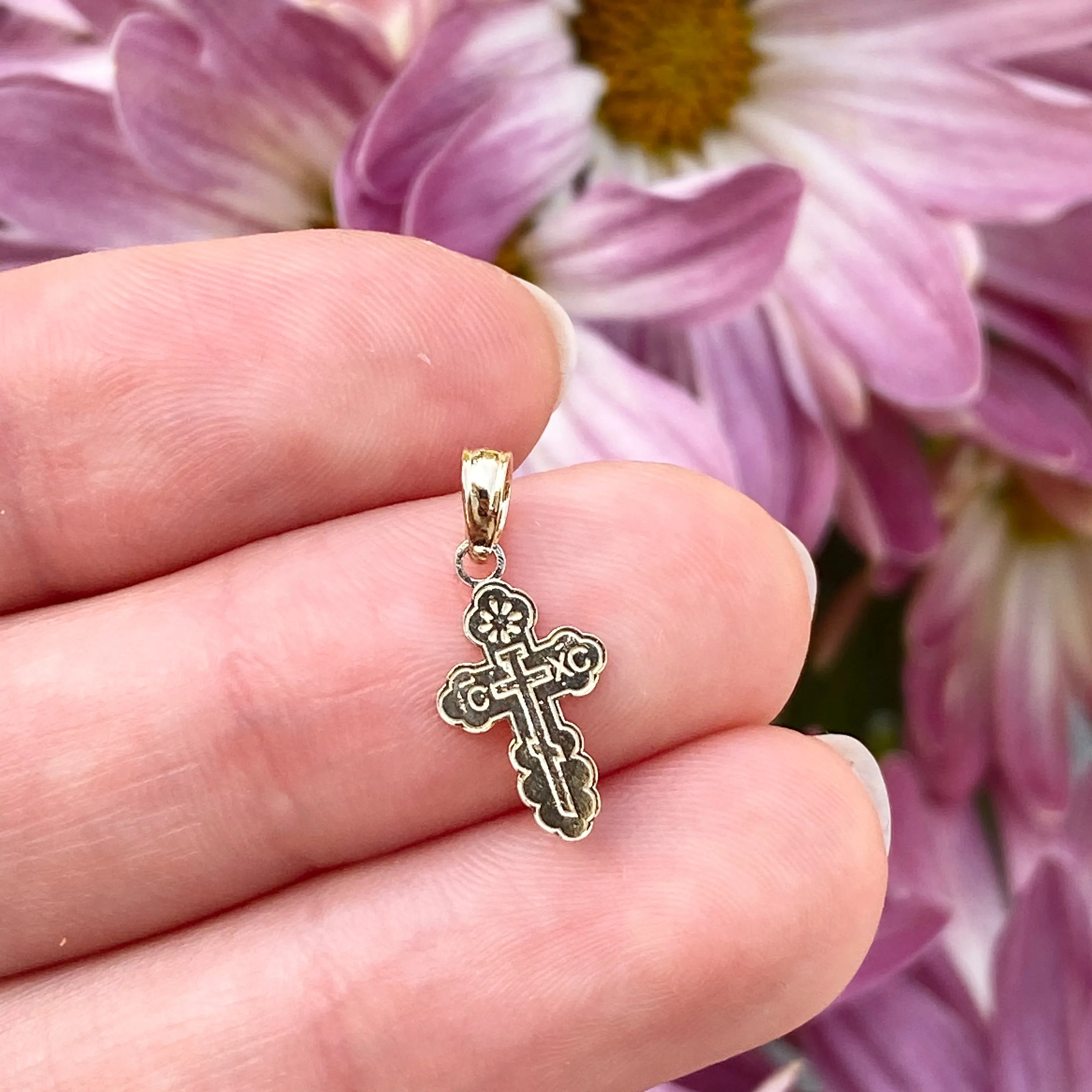 14KT Yellow Gold Detailed Mini Eastern Orthodox Cross Pendant Charm