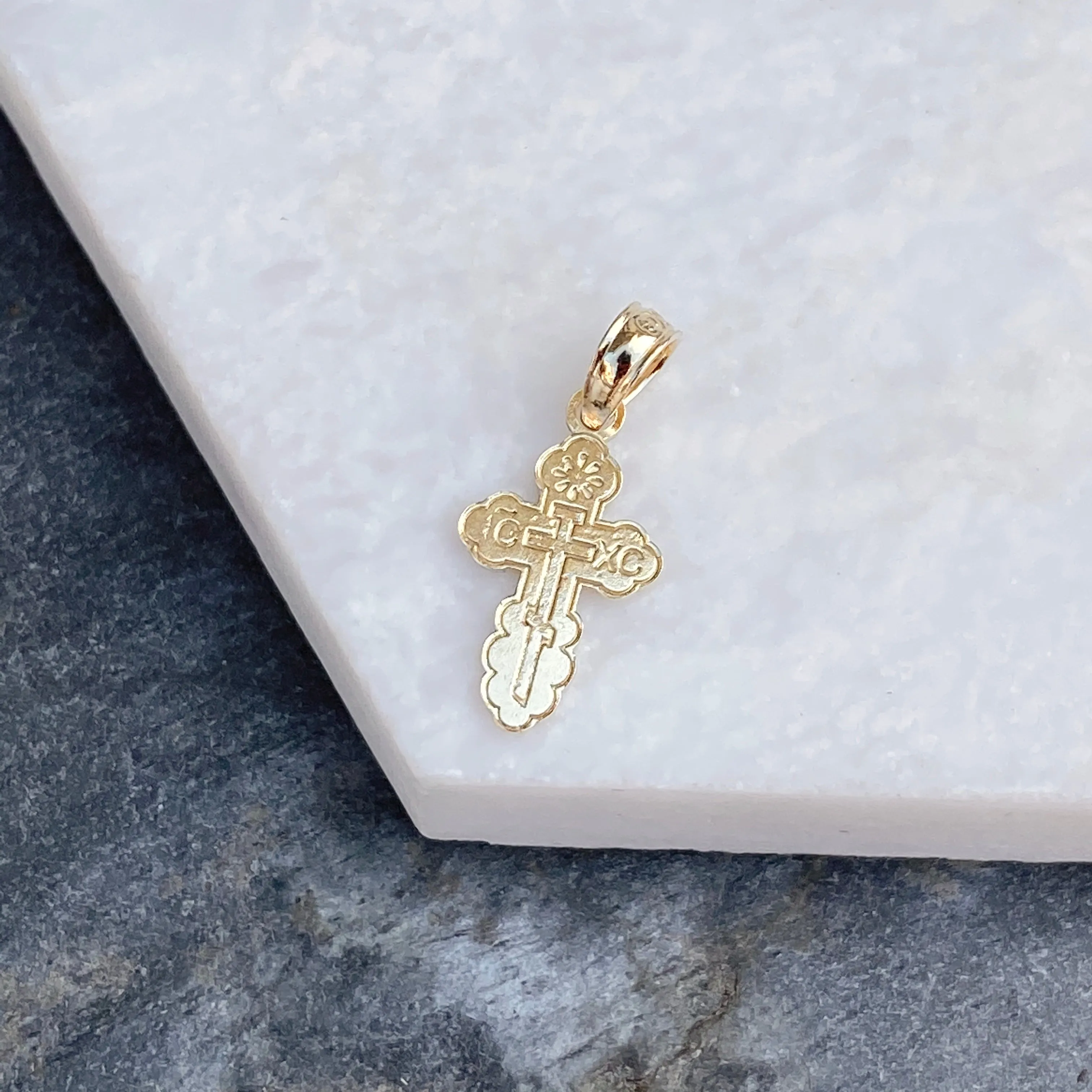 14KT Yellow Gold Detailed Mini Eastern Orthodox Cross Pendant Charm