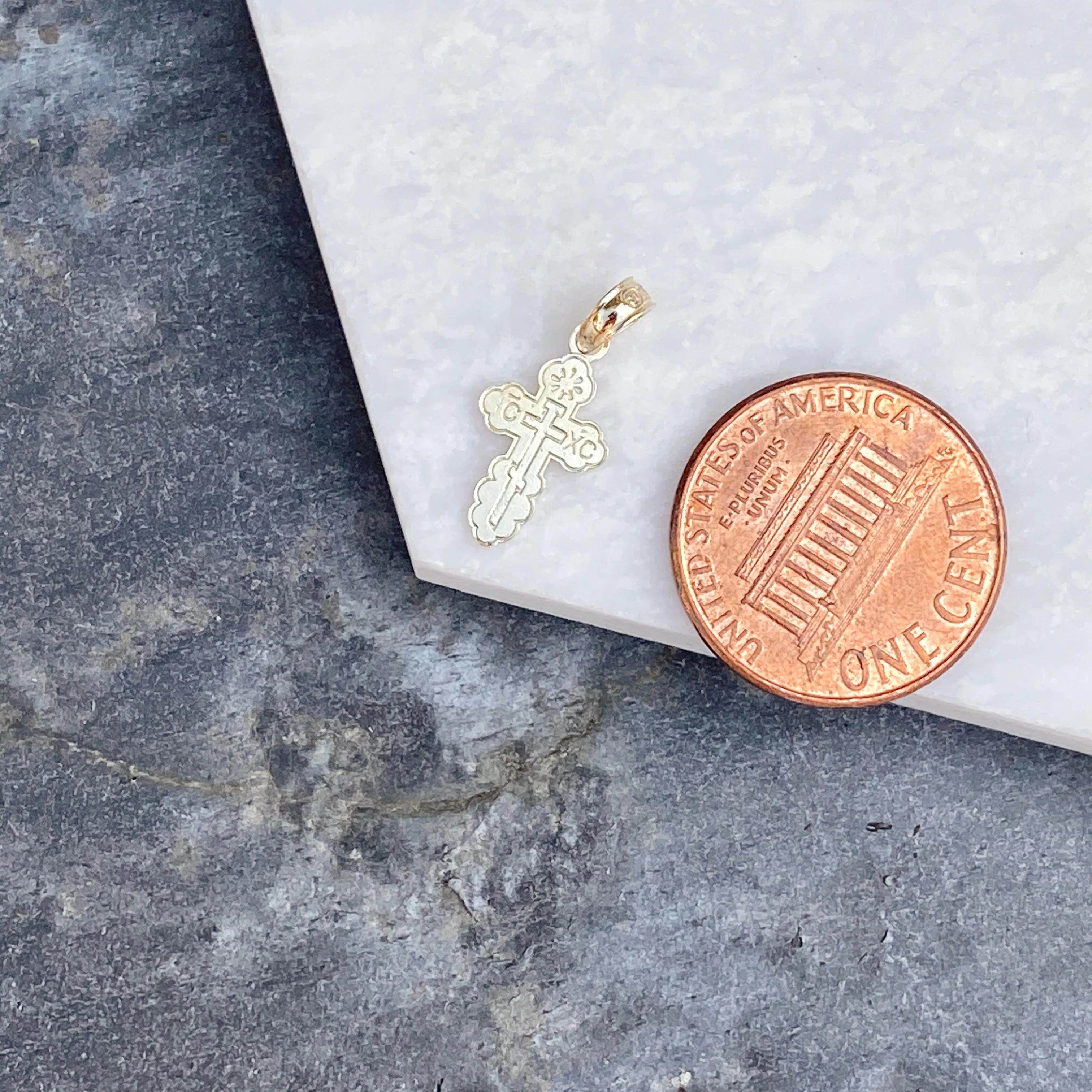 14KT Yellow Gold Detailed Mini Eastern Orthodox Cross Pendant Charm