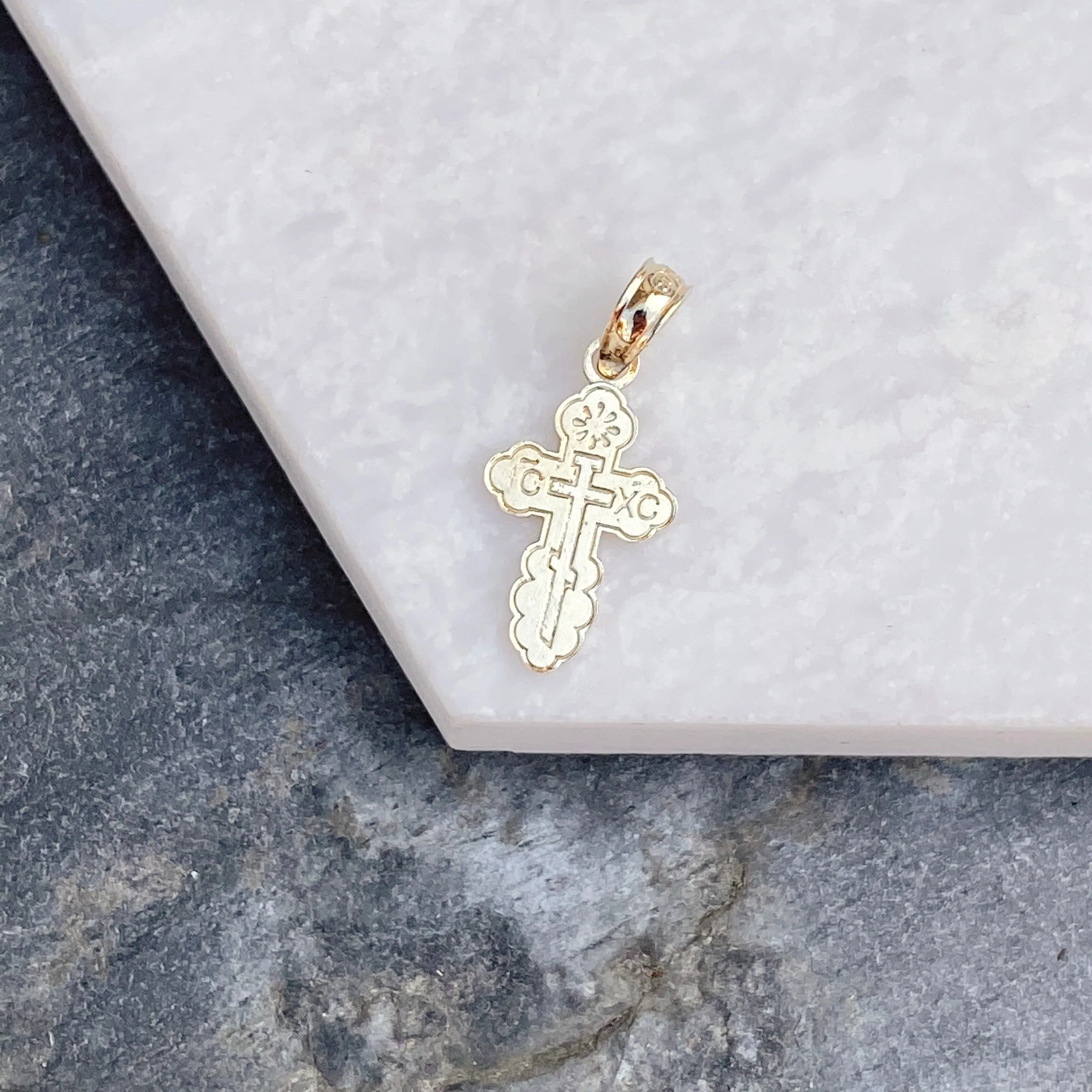 14KT Yellow Gold Detailed Mini Eastern Orthodox Cross Pendant Charm