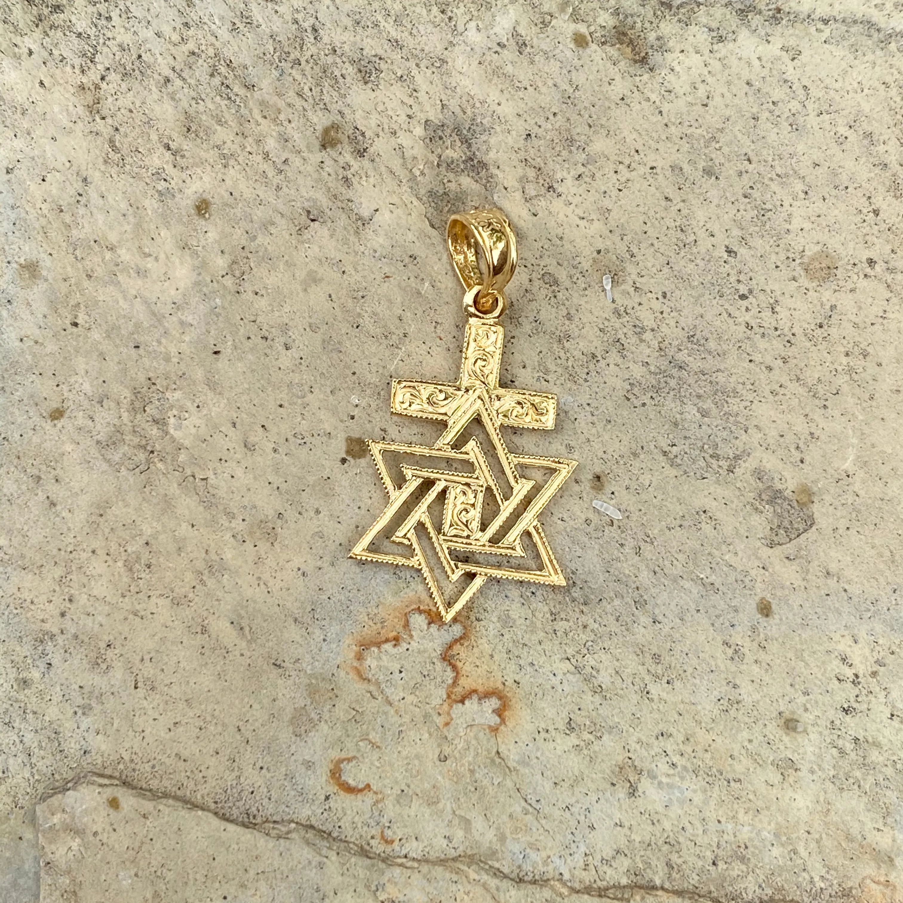 14KT Yellow Gold Engraved Star of David Cross Pendant Charm