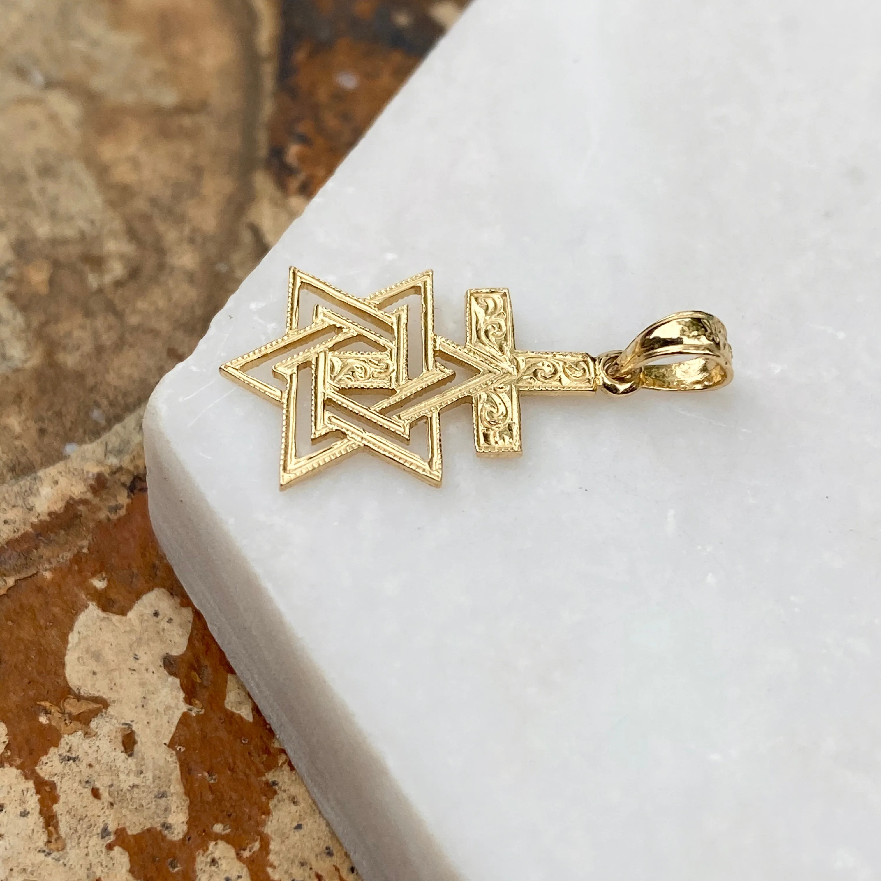 14KT Yellow Gold Engraved Star of David Cross Pendant Charm